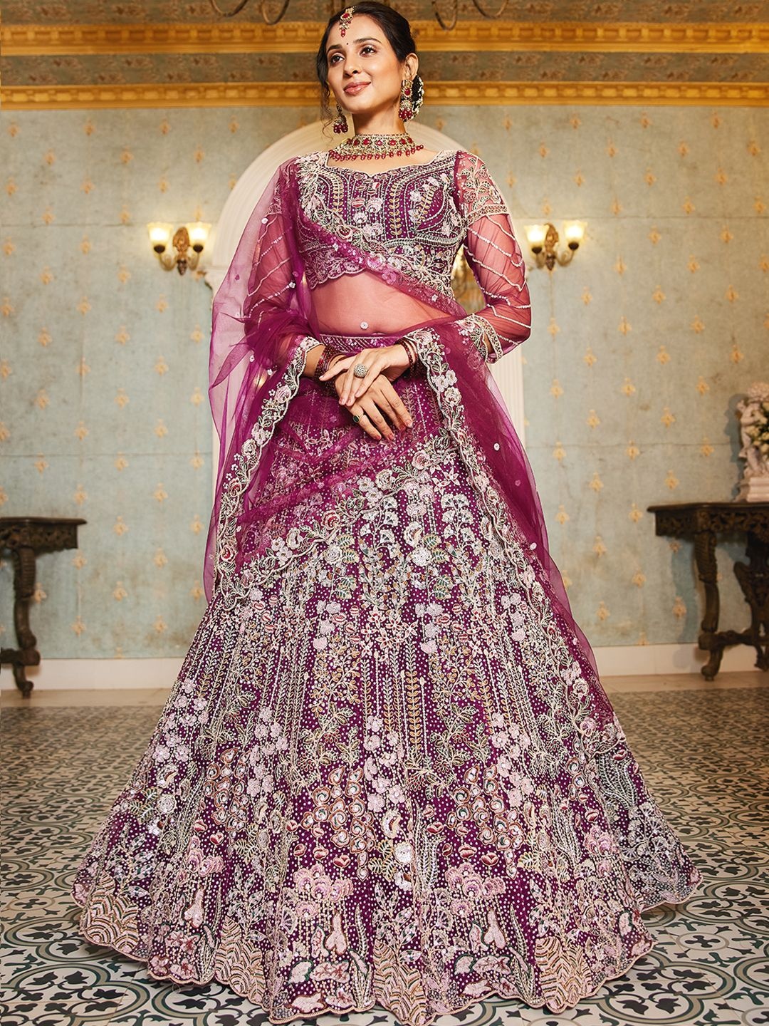 

panchhi Embroidered Sequinned Semi-Stitched Lehenga & Unstitched Blouse With Dupatta, Burgundy