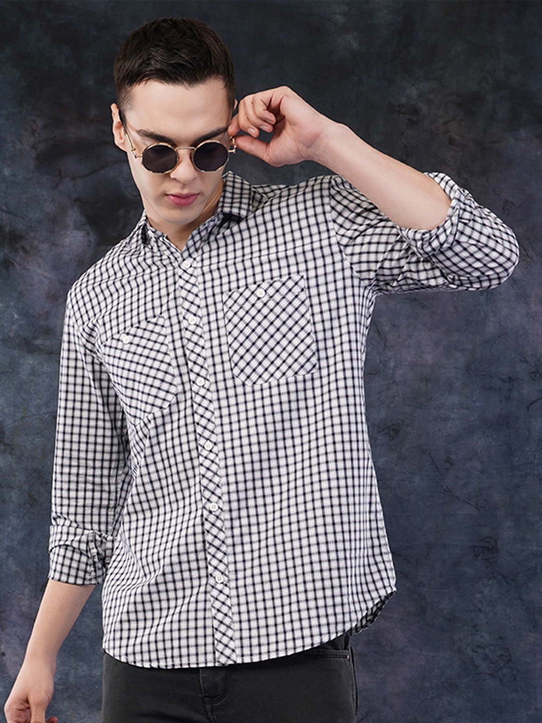 

Binioz Men Classic Gingham Checks Opaque Checked Casual Shirt, White