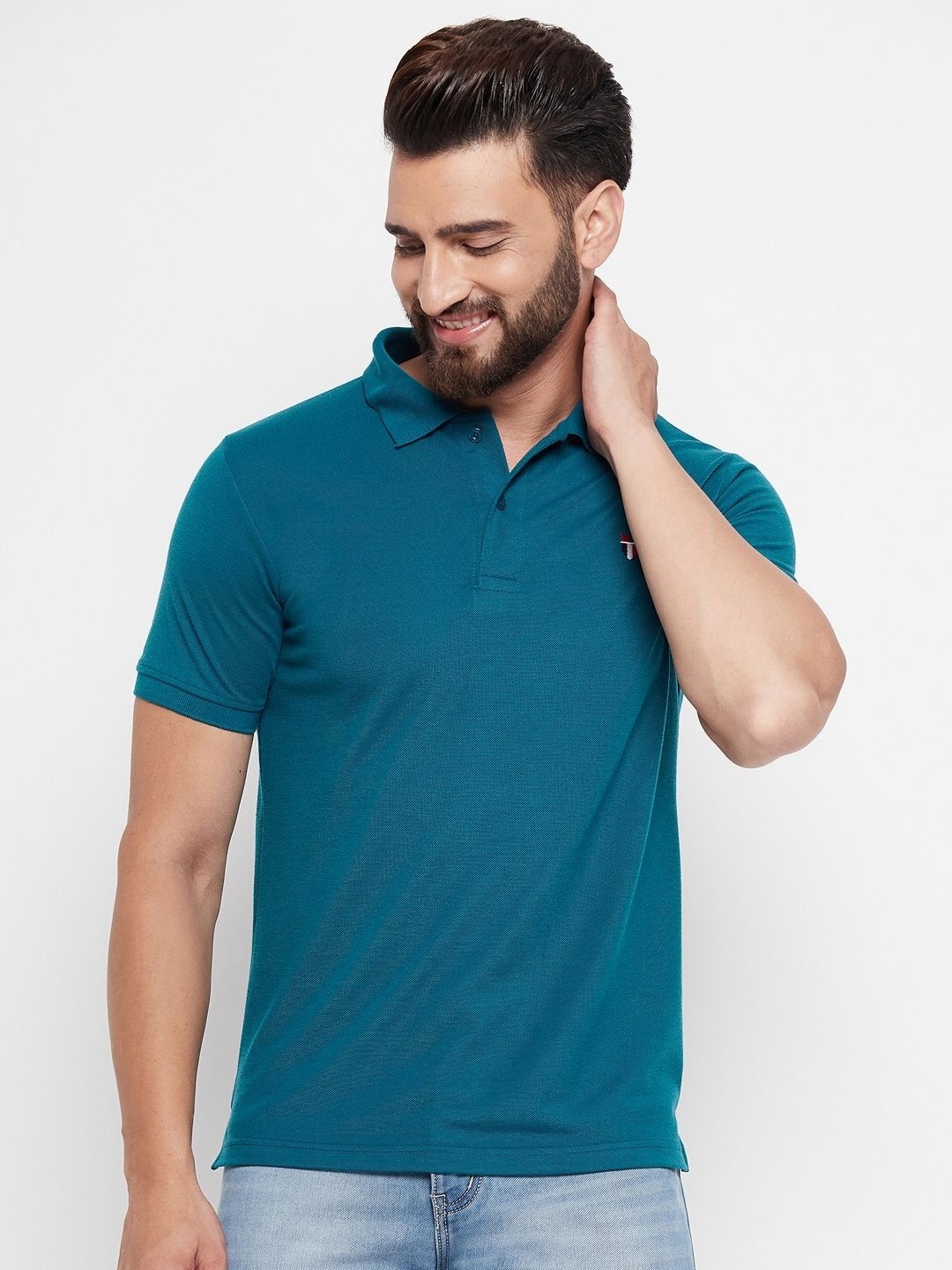 

MXN Men Solid Polo Collar Cotton T-shirt, Teal