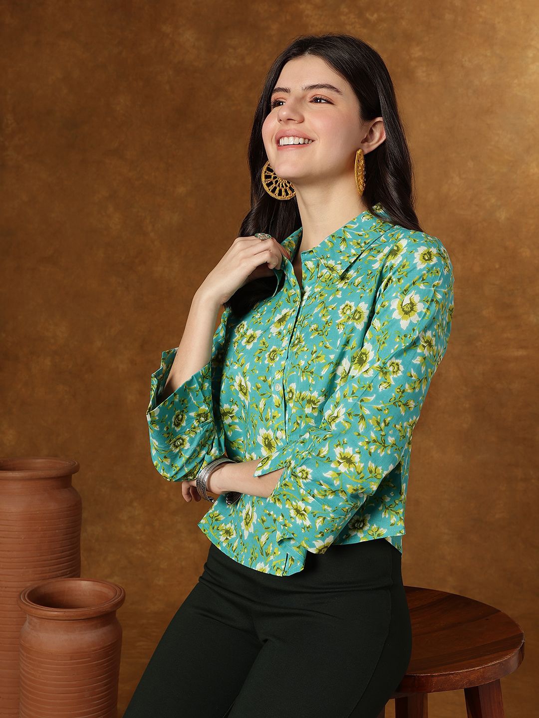 

KALINI Floral Print Cotton Shirt Style Crop Top, Sea green
