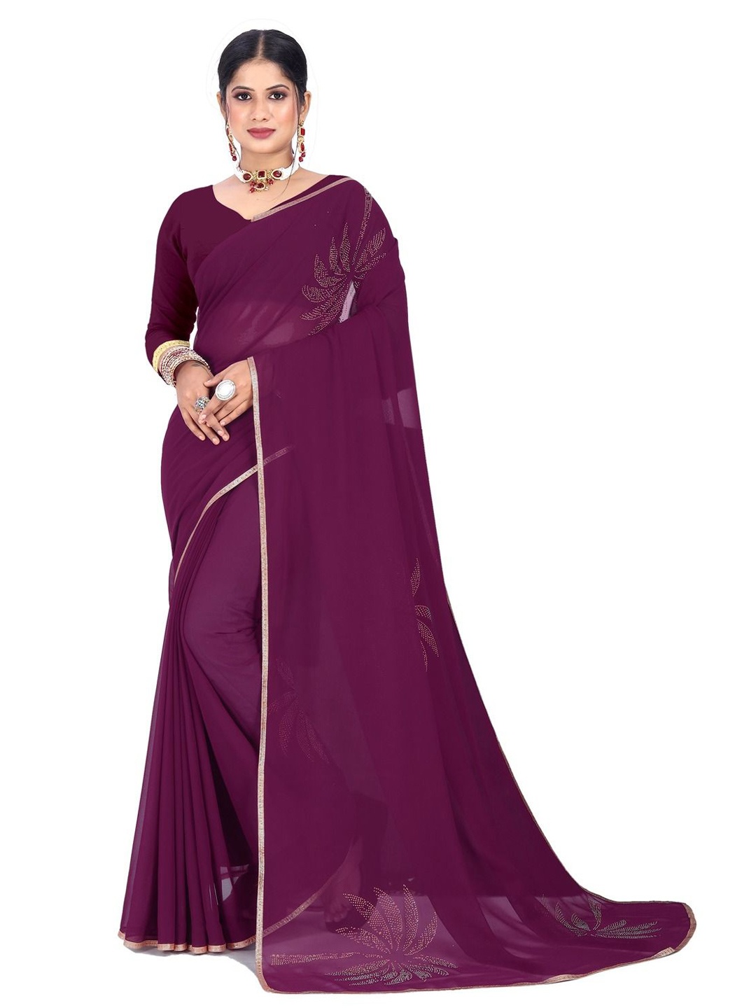 

Pemal Designer Women Diamond Work Lace Border Saree, Purple