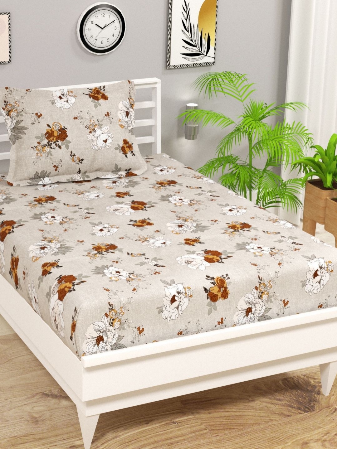 

bsb home Khaki & Bronze-Toned Floral 144 TC Single Bedsheet with 1 Pillow Covers
