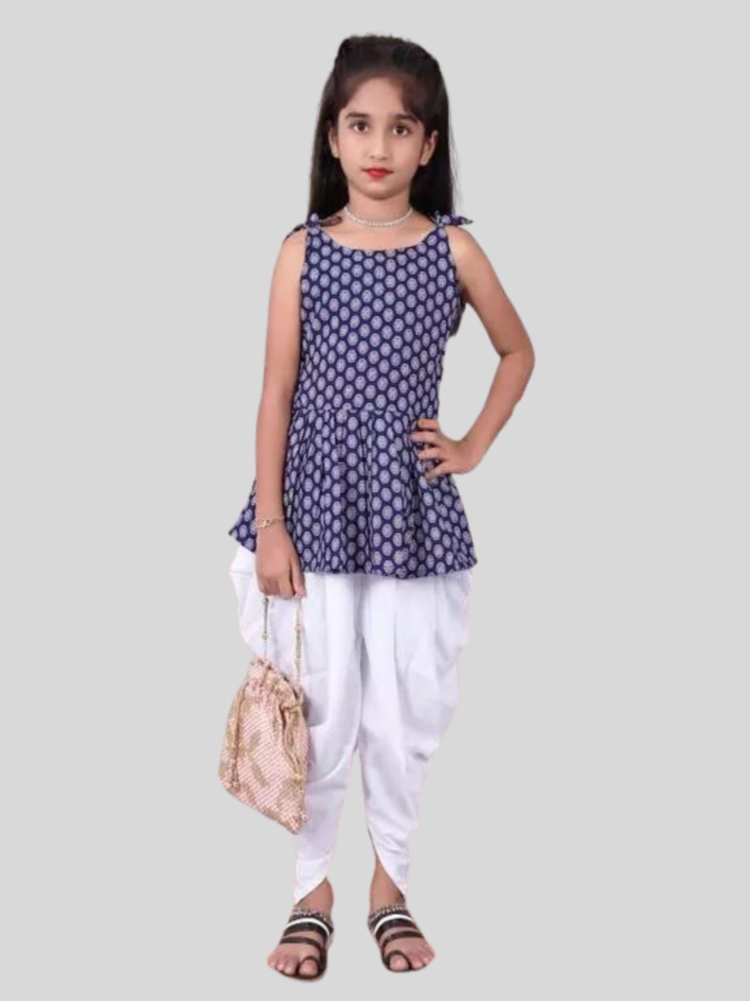 

Aarya Designer Girls Ethnic Motifs Printed Pleated Kurti With Dhoti Pants, Blue