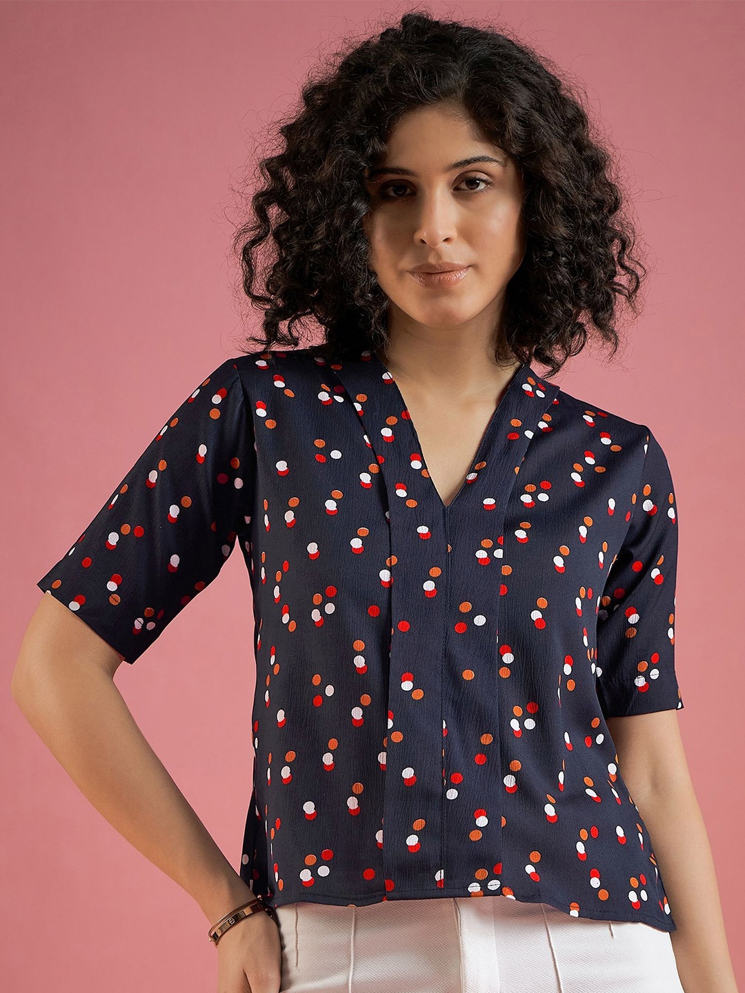 

DressBerry Polka Dot Print Crepe Shirt Style Top, Navy blue