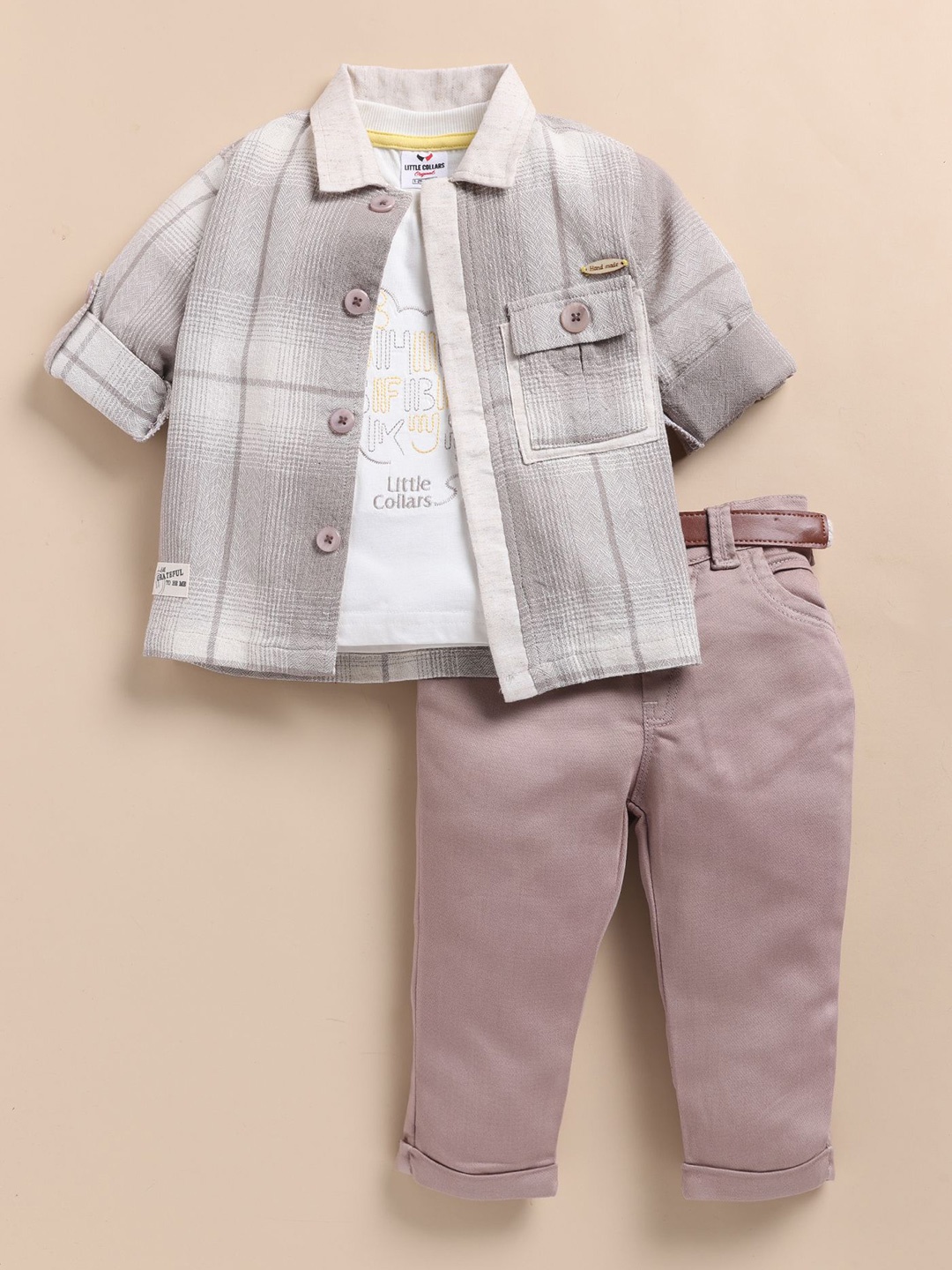 

LITTLE COLLARS Boys Checked Shirt with Trousers, Grey