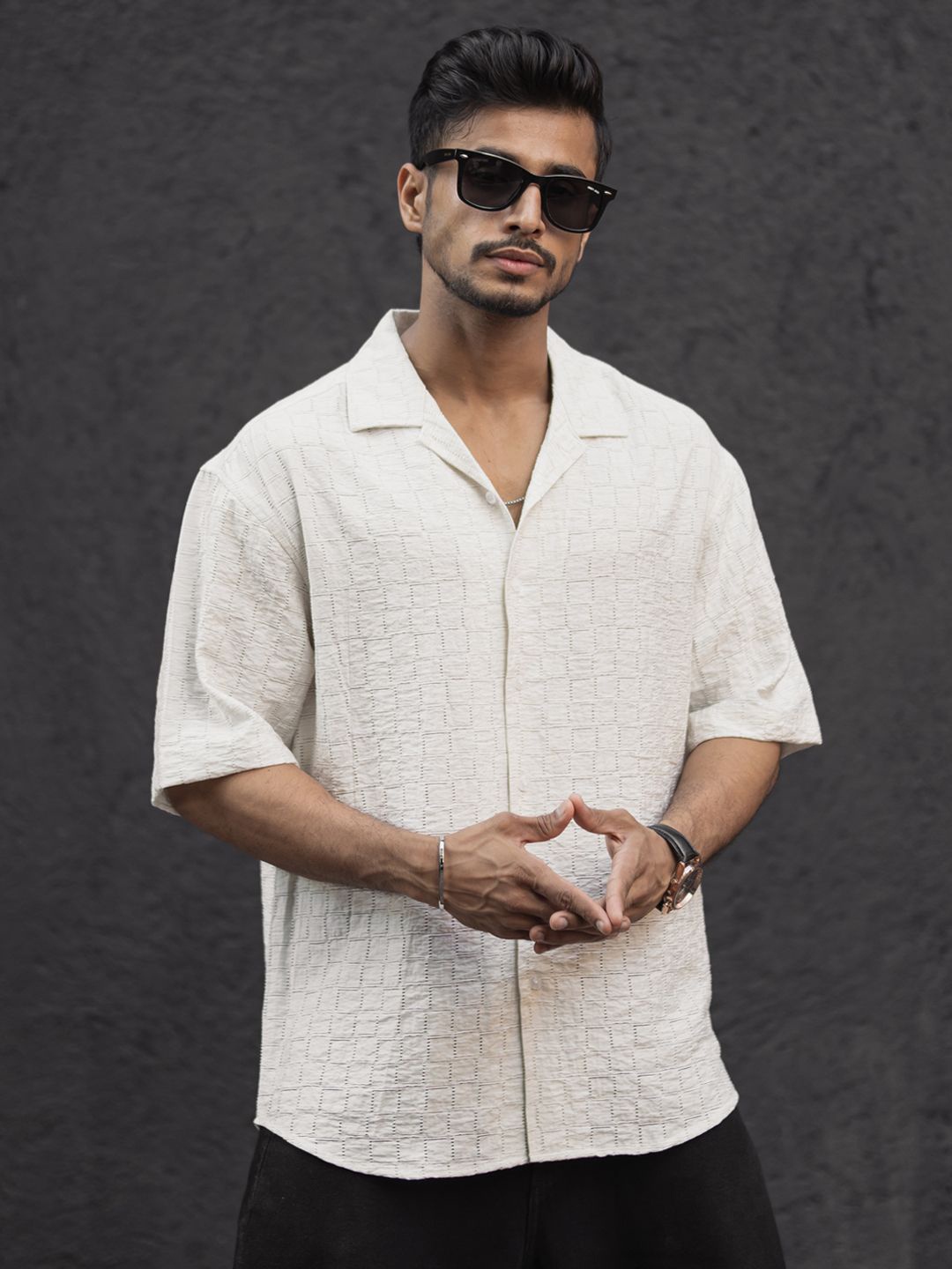 

Powerlook Men Relaxed Fit Spread Collar Textured Cotton Casual Shirt, Off white