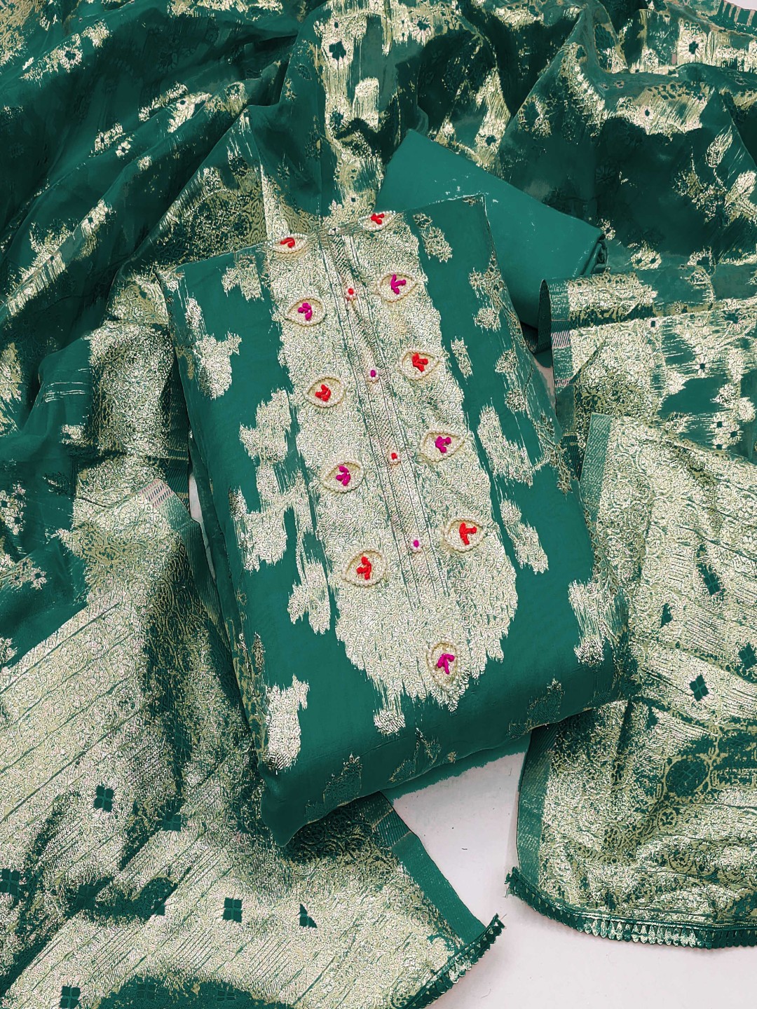 

Blissta Floral Woven Design Organza Unstitched Dress Material, Green
