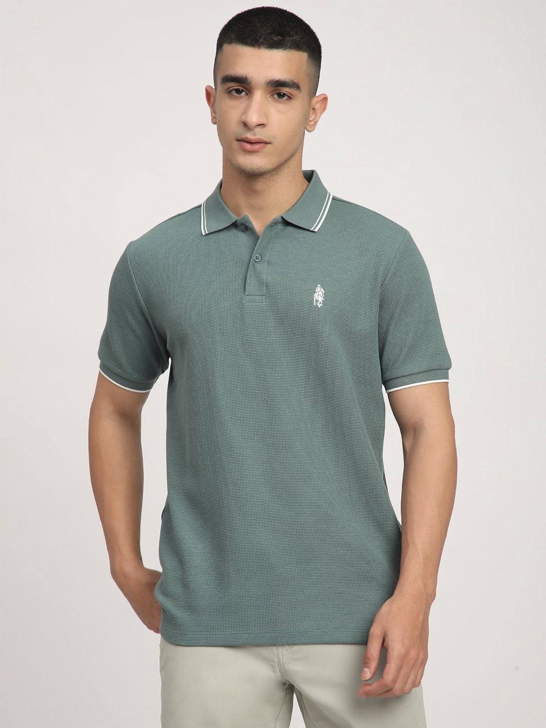 

R&B Men Self Design Polo Collar Cotton T-shirt, Sea green