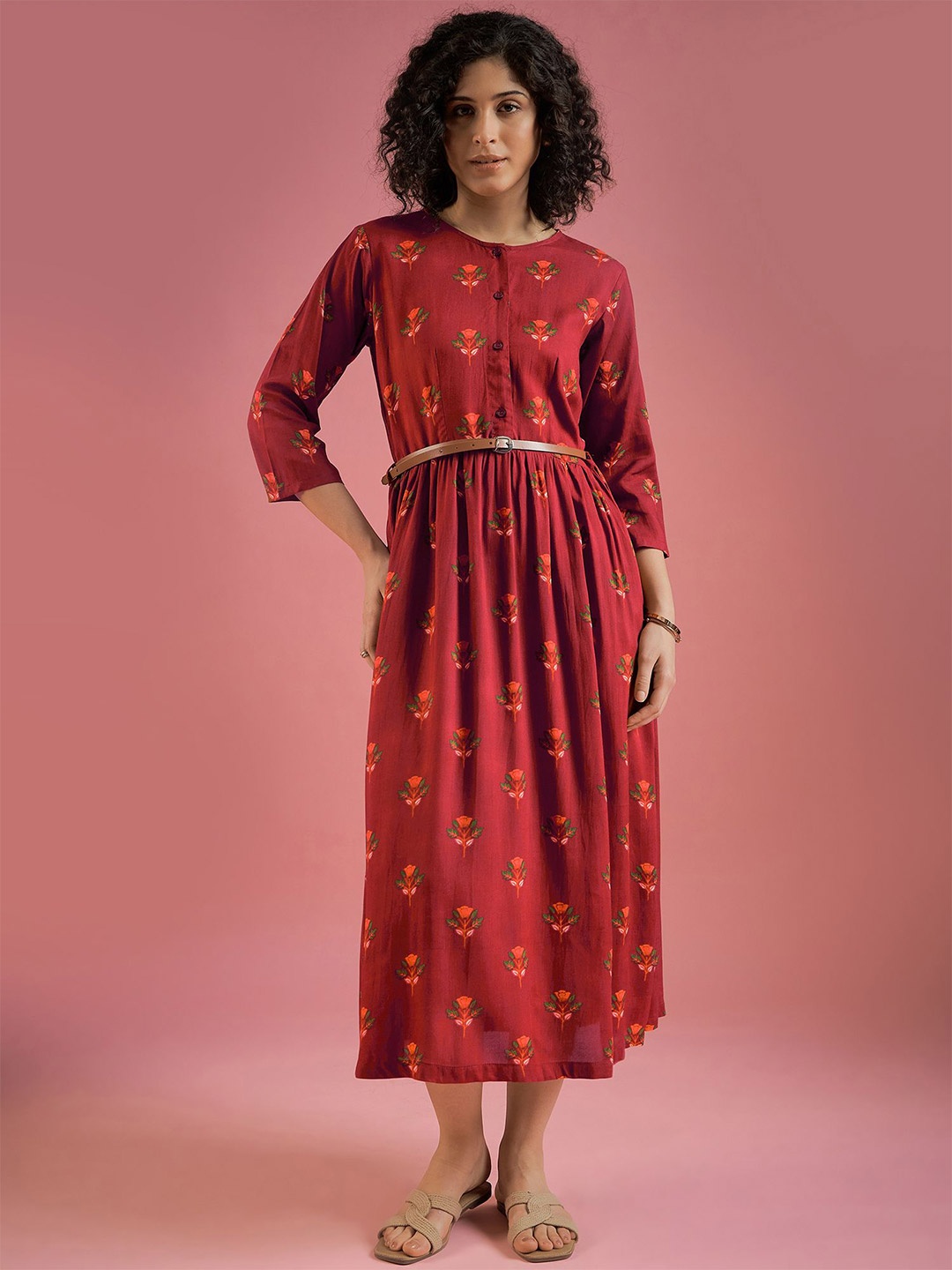 

DressBerry Women Floral Printed Fit and Flare Dress with Belt, Red