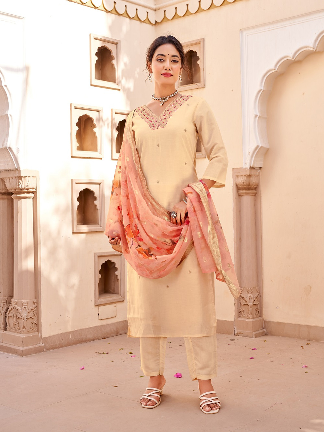 

Fashion Ritmo Women Embroidered Regular Chanderi Silk Kurti with Pyjamas & With Dupatta, Brown
