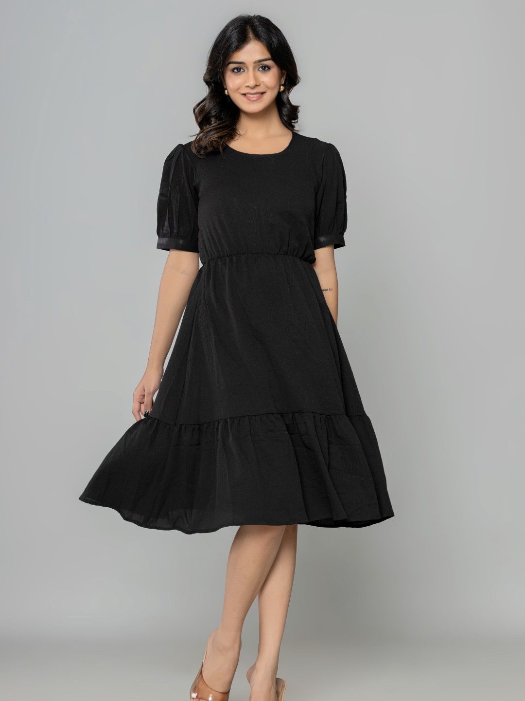 

Aanys Culture Puff Sleeve Fit & Flare Midi Dress, Black