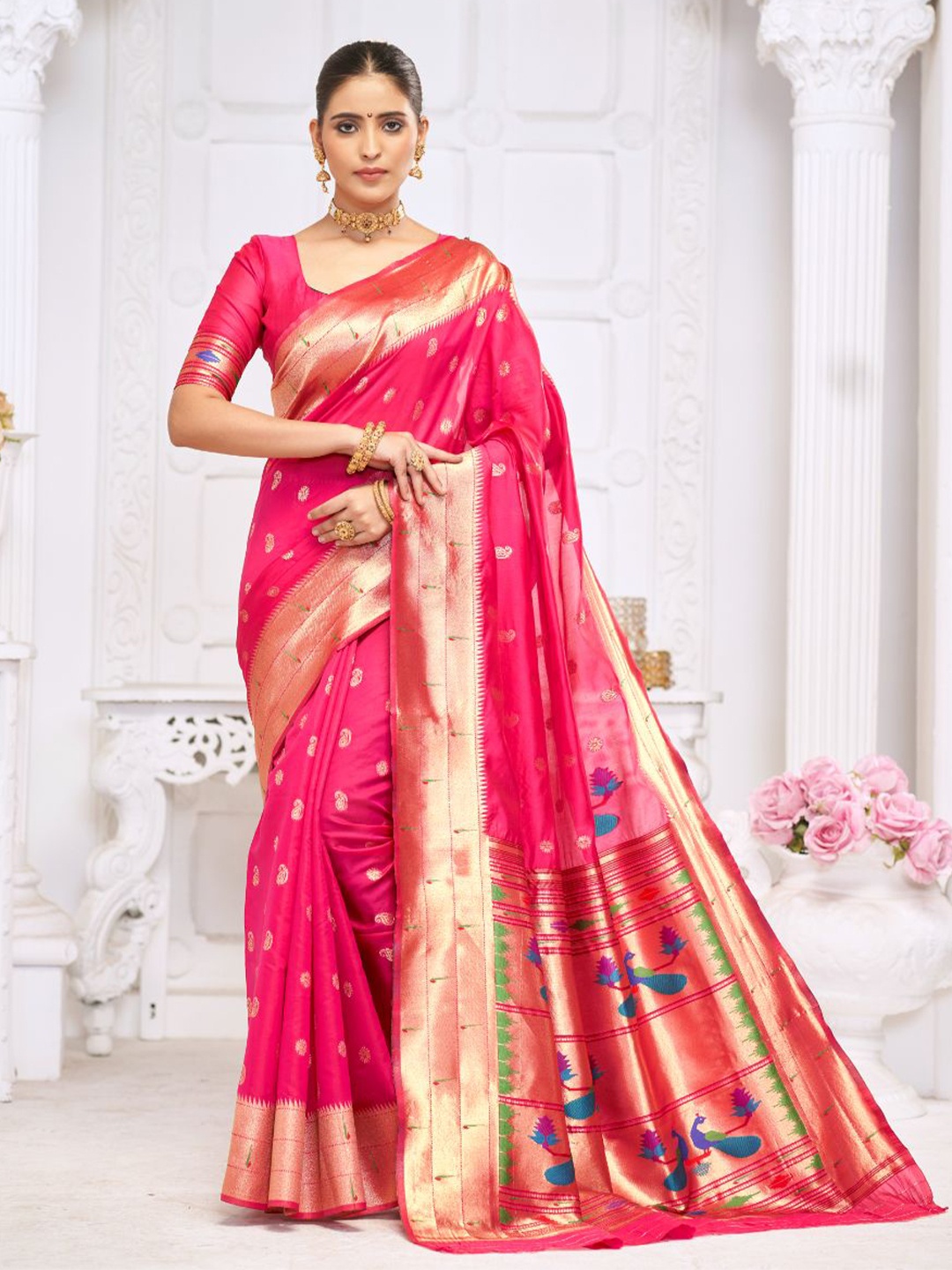 

amirat Woven Design Zari Pure Silk Paithani Saree, Pink