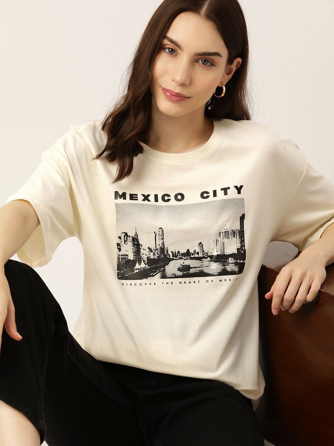 

DressBerry Women Graphic Printed Round Neck Cotton Oversized T-shirt, Beige