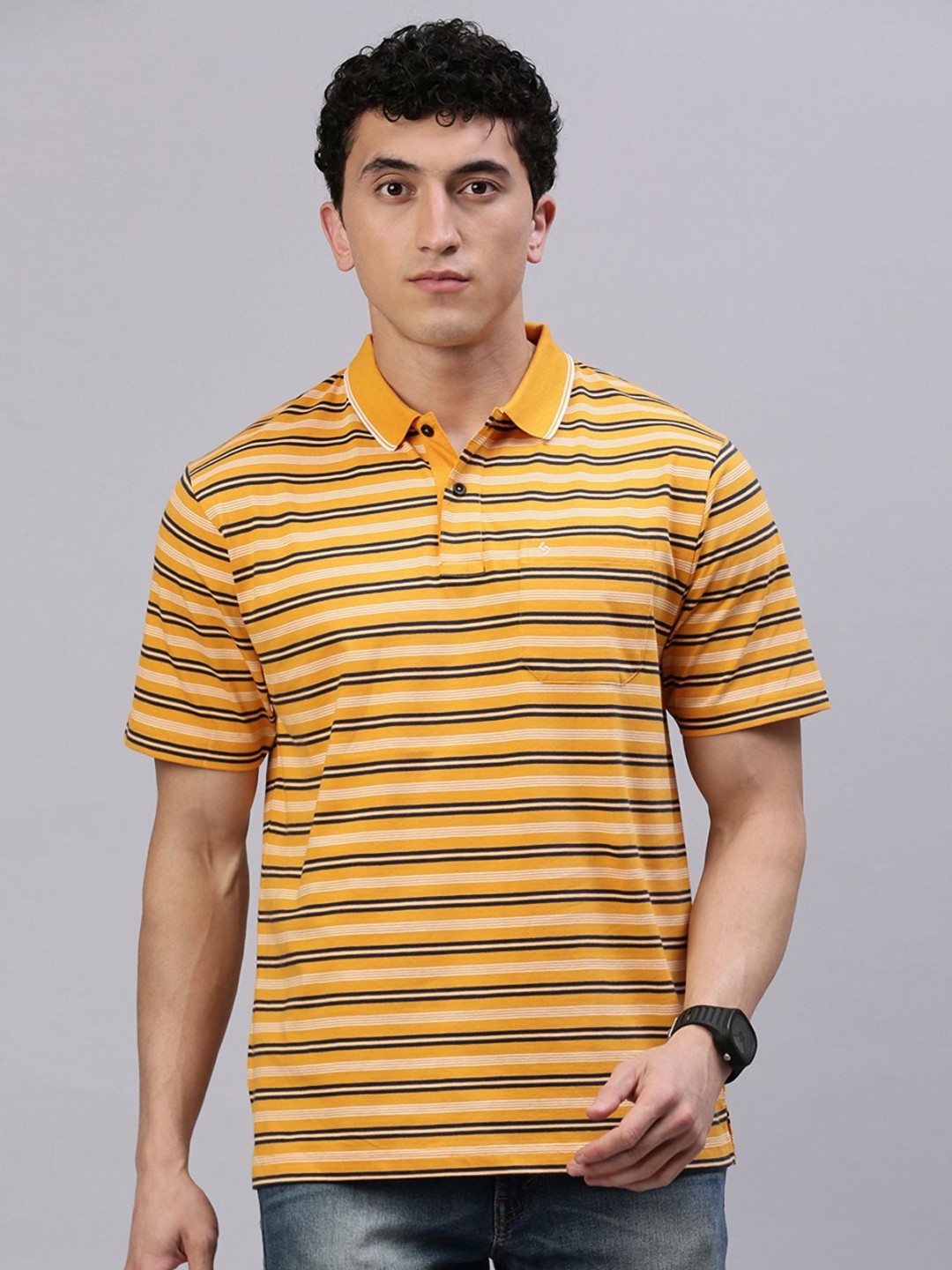 

Classic Polo Men Striped Polo Collar Cotton T-shirt, Yellow