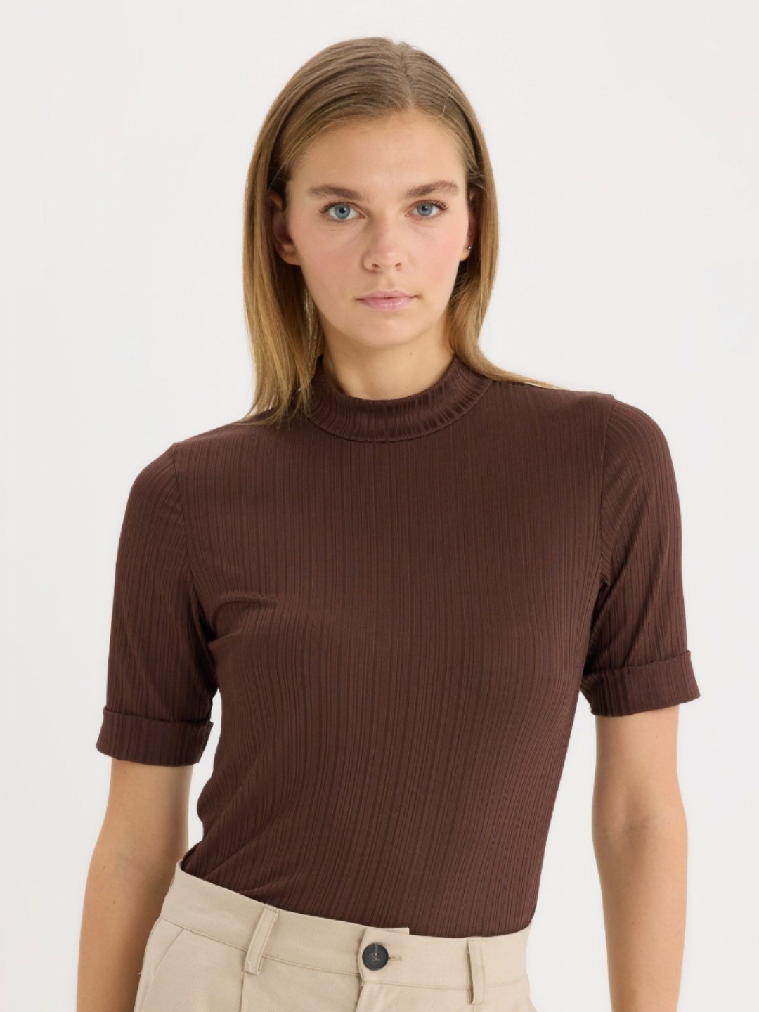 

DeFacto Women Self Design Round Neck T-shirt, Brown
