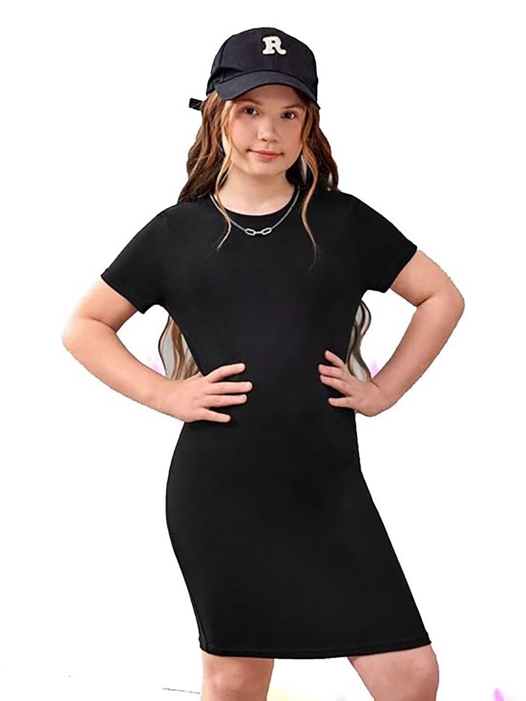 

Kaff Girls Solid Round Neck Stretchable Dresses, Black