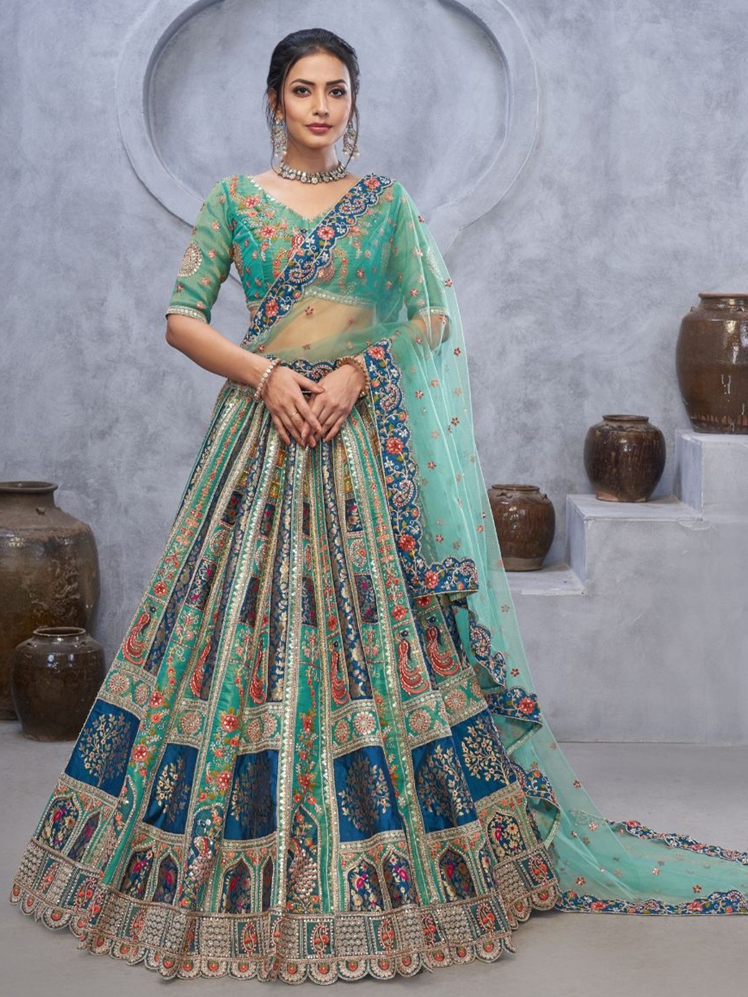 

Fusionic Embroidered Organza Silk Semi-Stitched Lehenga & Unstitched Blouse With Dupatta, Green