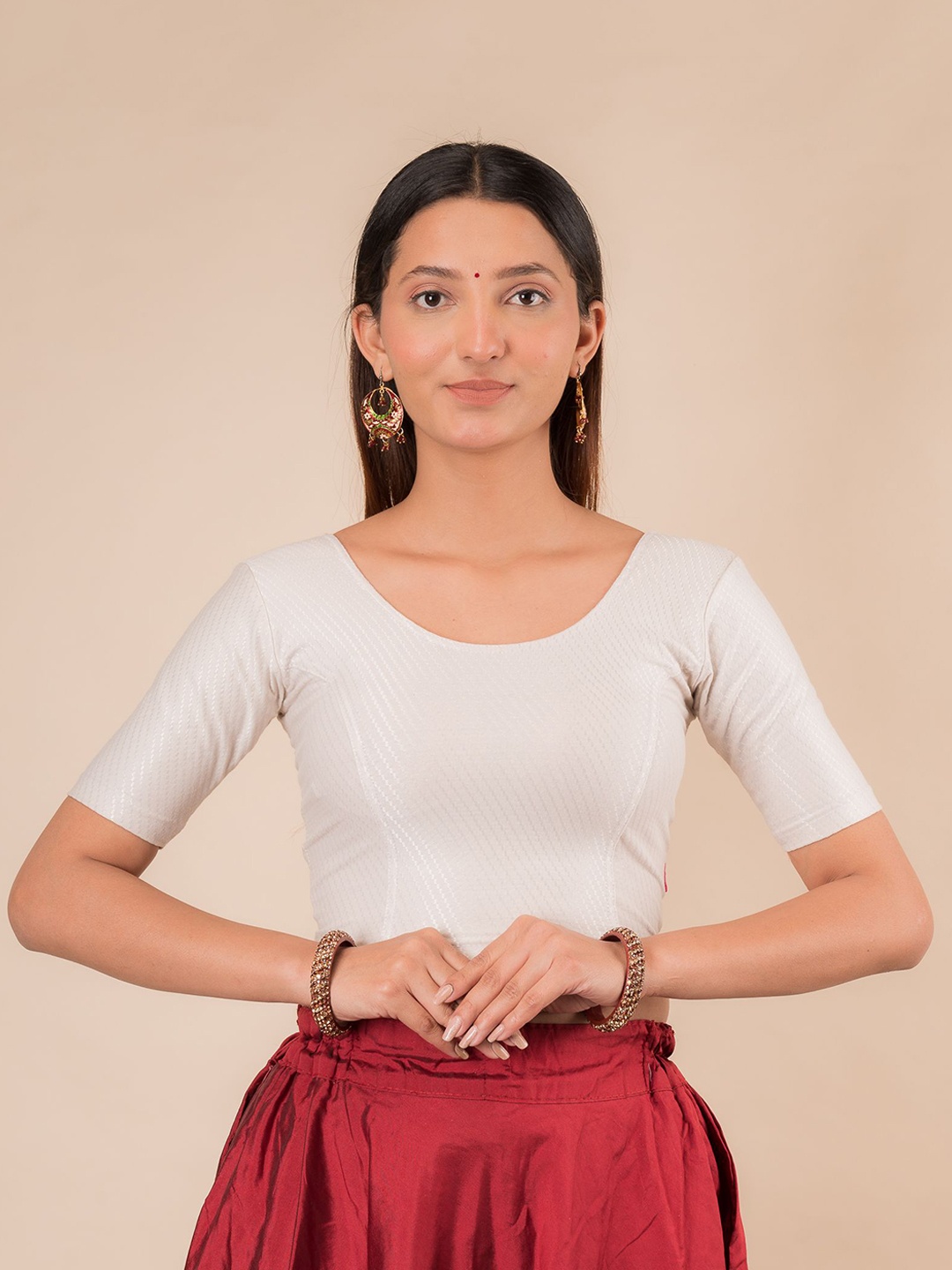 

Bindigasm's Advi Women Self Design Texture Cotton Stretchable Slip On Saree Blouse, White