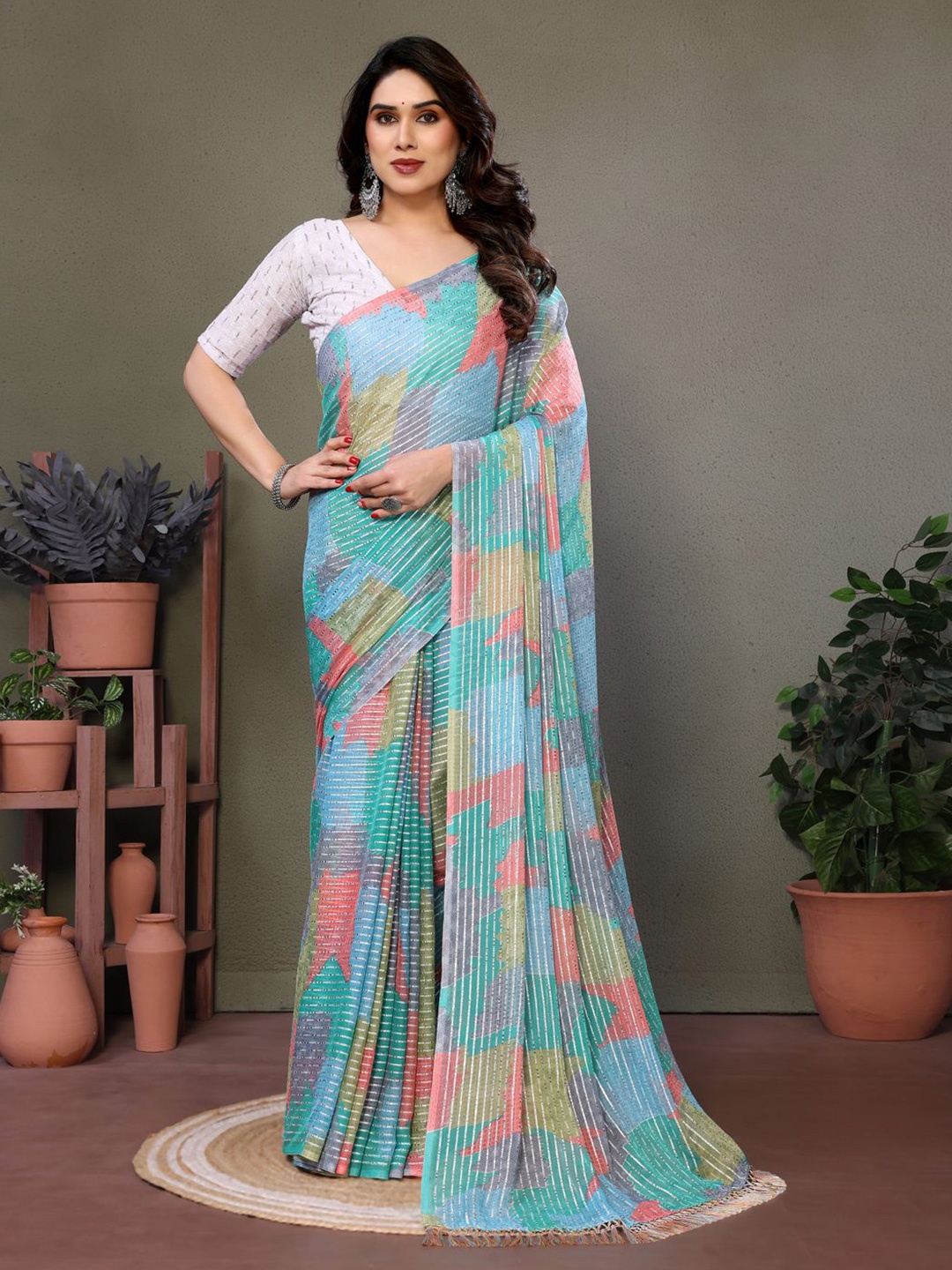 

DIVASTRI Pure Georgette Block Print Saree, Turquoise blue
