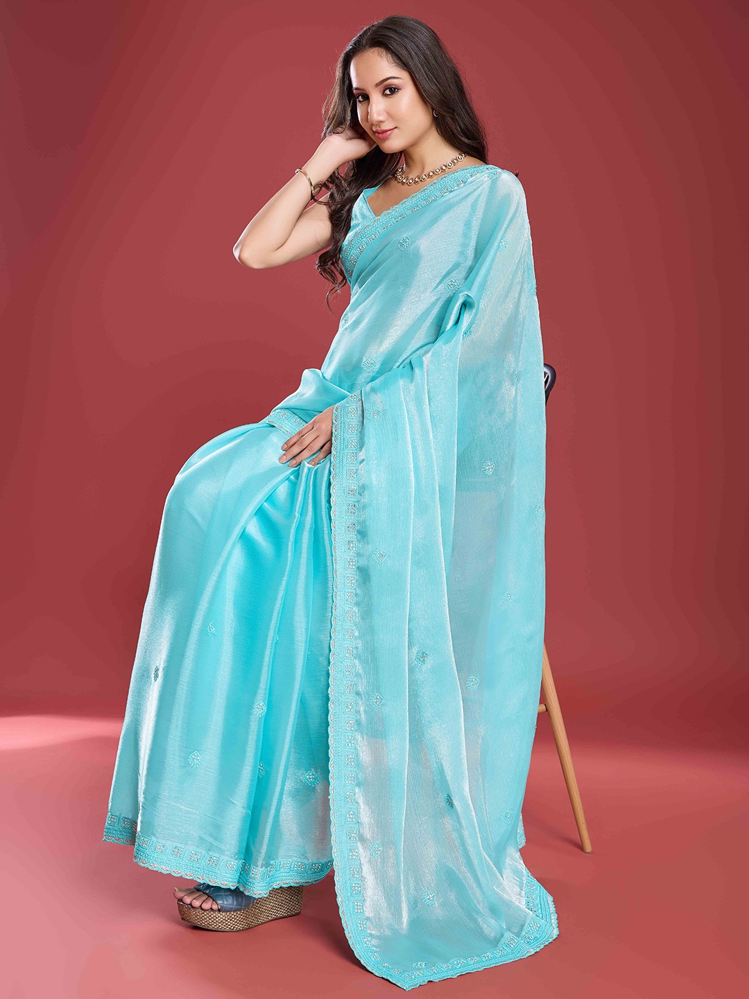 

Blissta Embellished Beads and Stones Tissue Saree, Blue