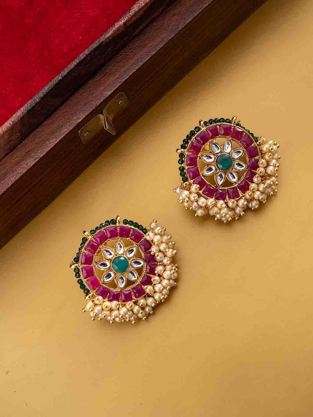 

PANASH Gold-Plated Artificial Stones Studded And Beaded Circular Shaped Studs, Pink