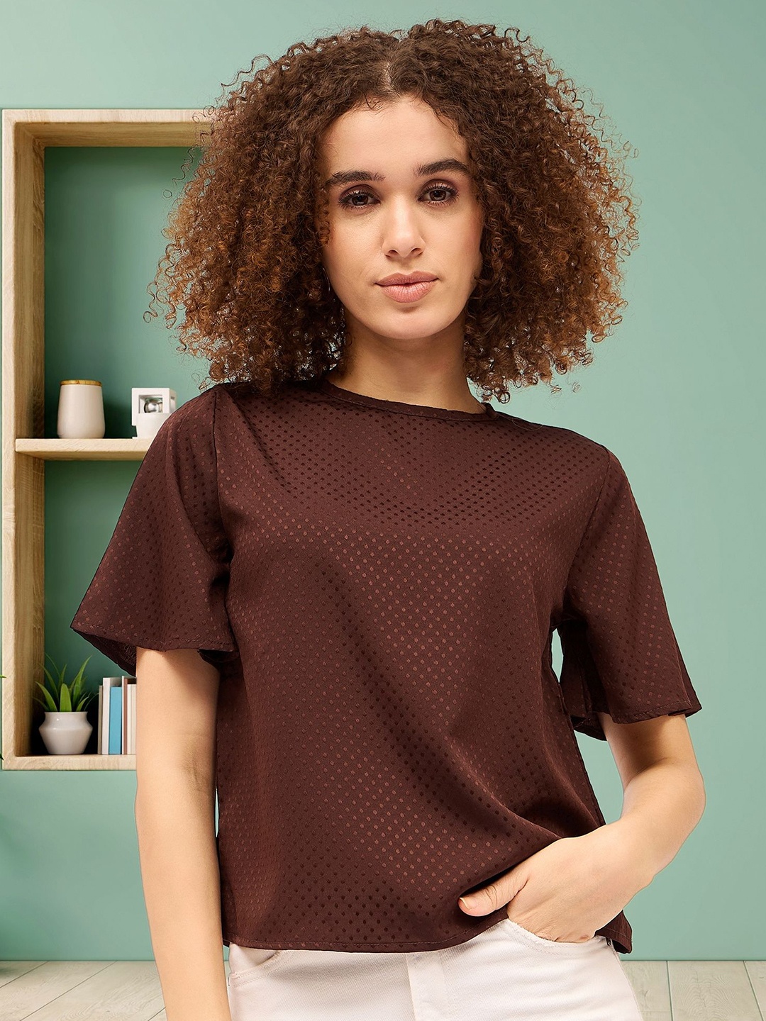 

DressBerry Women Round Neck Flared Sleeve Top, Brown