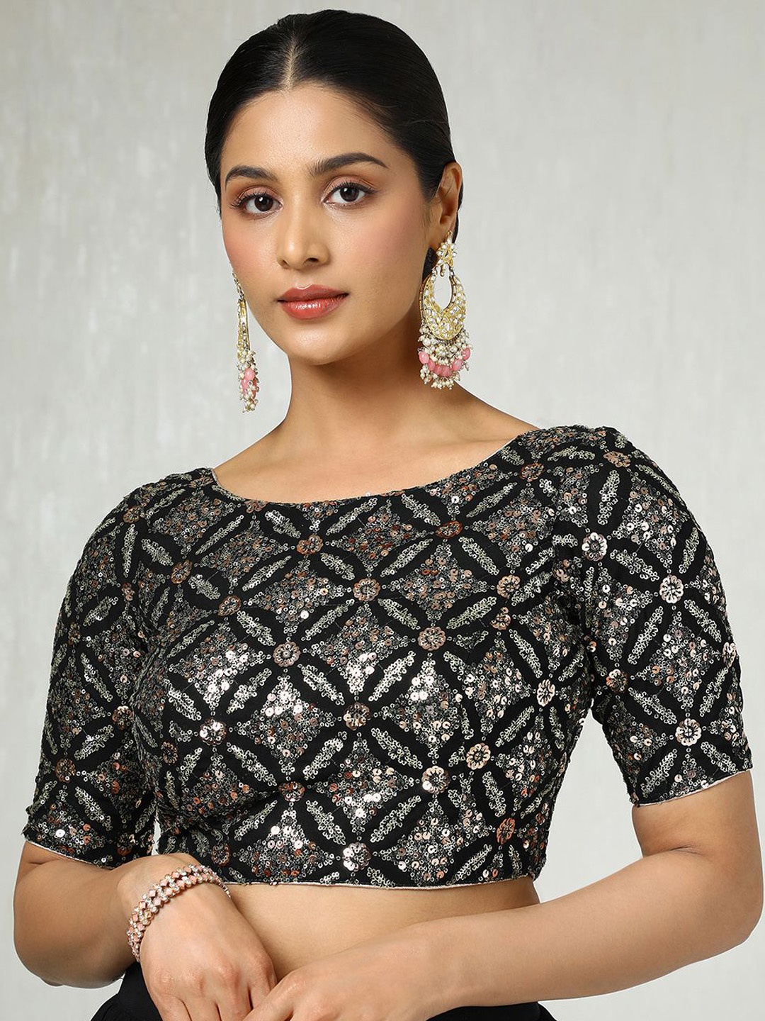 

Soch Embellished Round Neck Padded Saree Blouse, Black