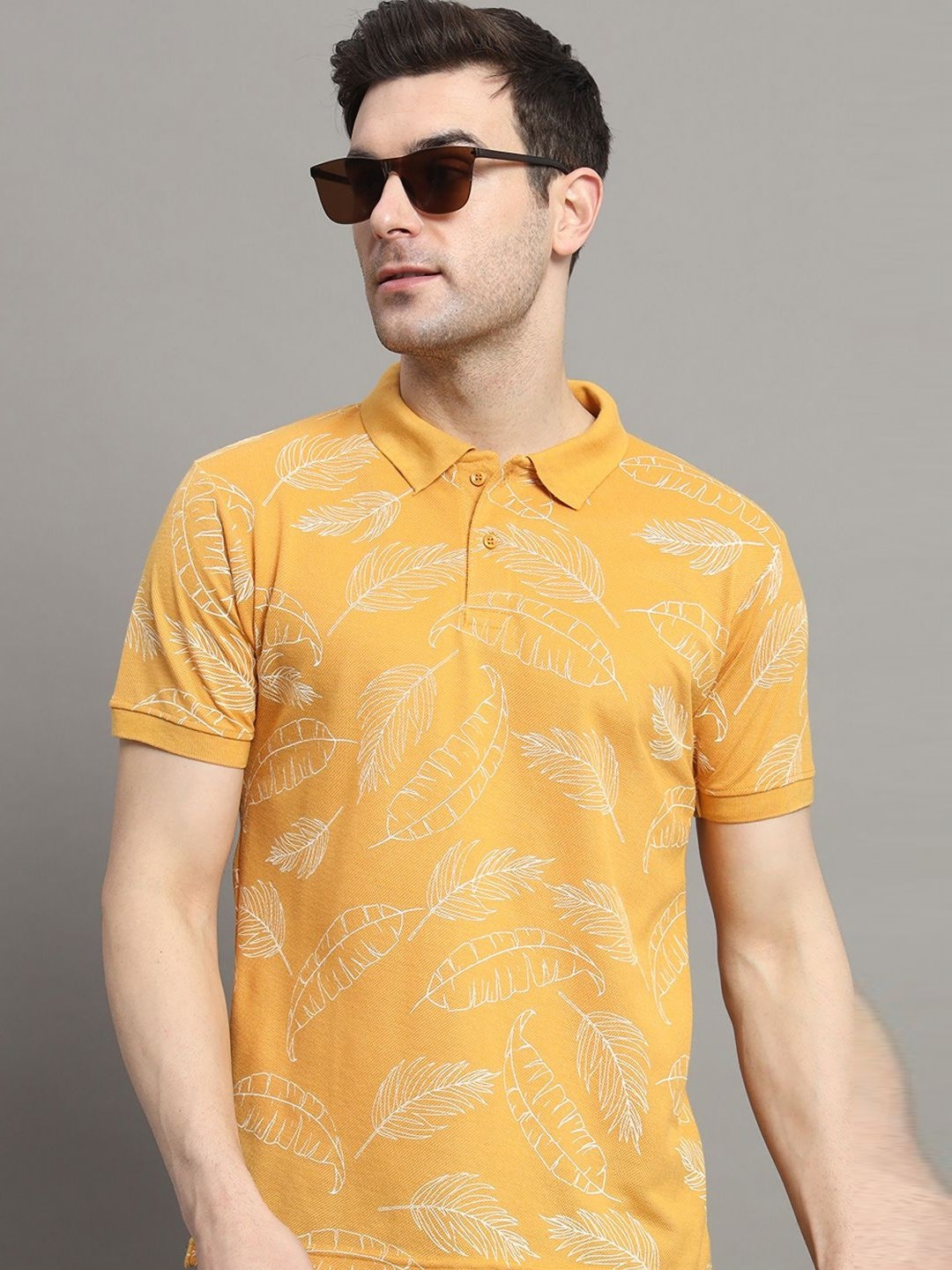 

MXN Men Floral Printed Polo Collar Cotton T-shirt, Mustard