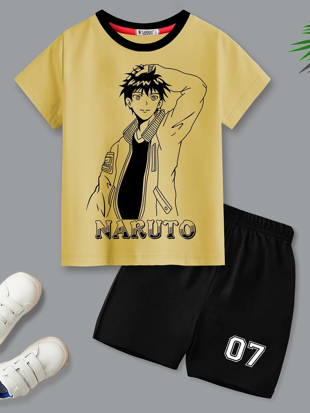 

TARSIER Unisex Kids Anime Printed Pure Cotton T-shirt With Shorts, Yellow