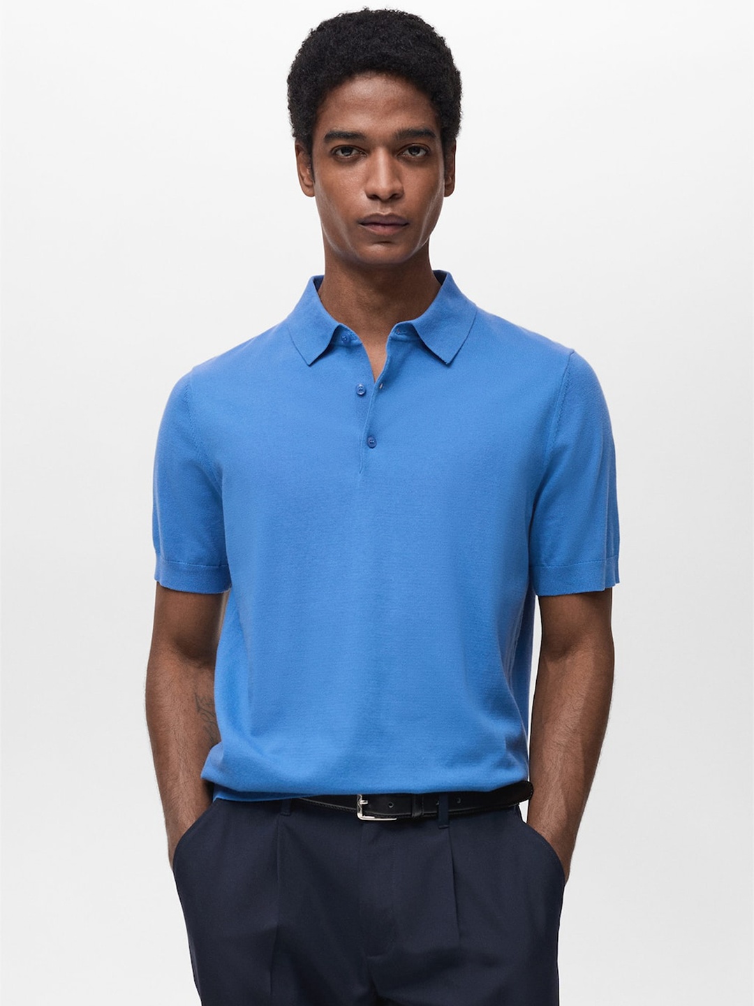 

MANGO MAN Polo Collar Pure Cotton Knitted T-shirt, Blue