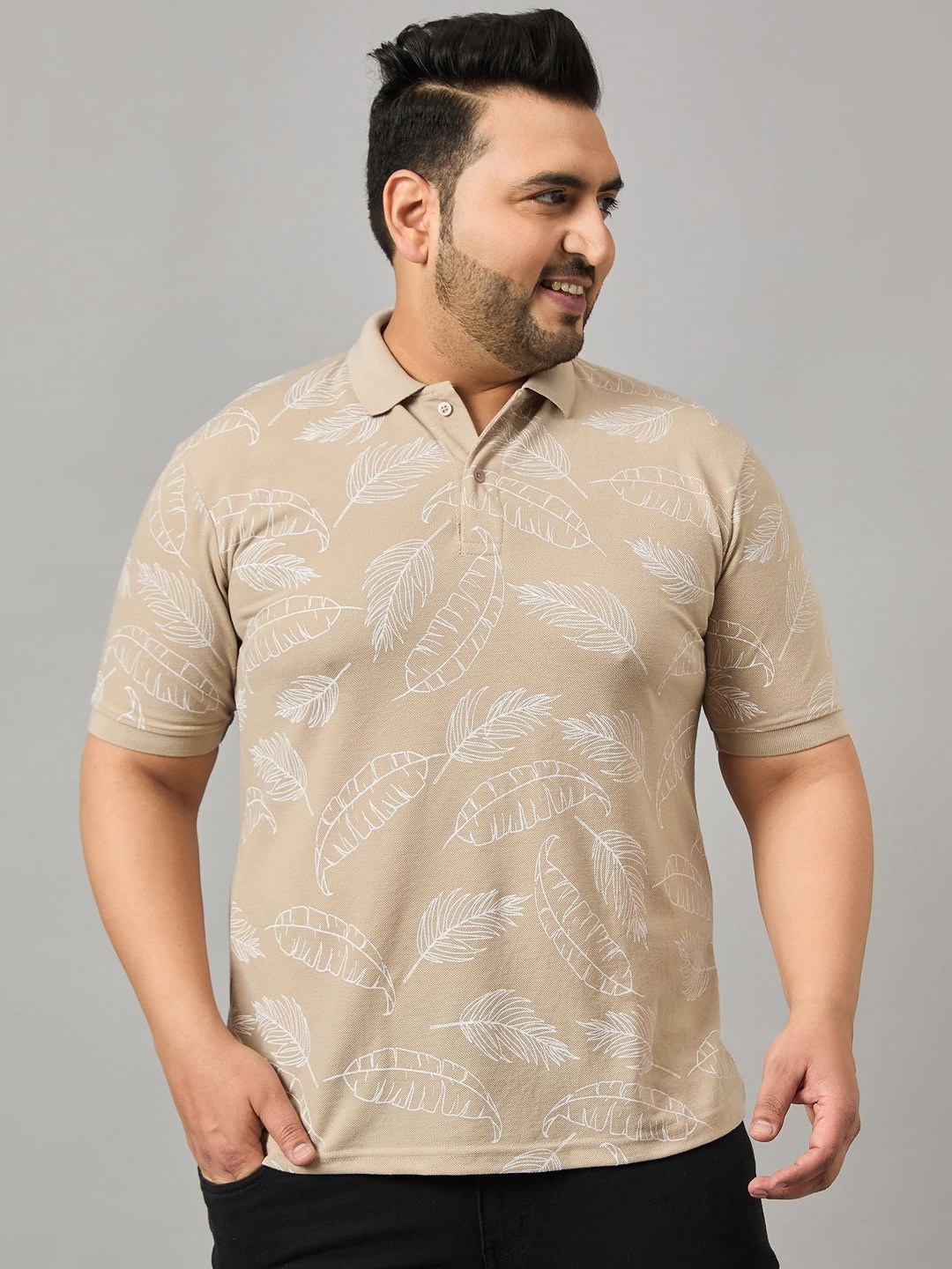 

MXN Men Plus Size Floral Printed Polo Collar Cotton T-shirt, Beige