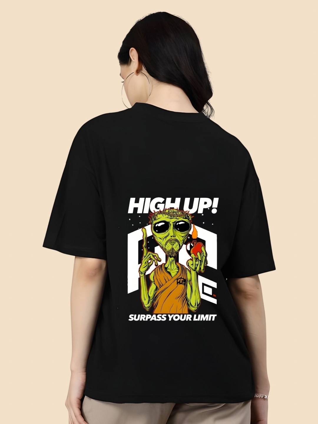 

SZN Women Graphic Printed Round Neck Cotton Oversized T-shirt, Black