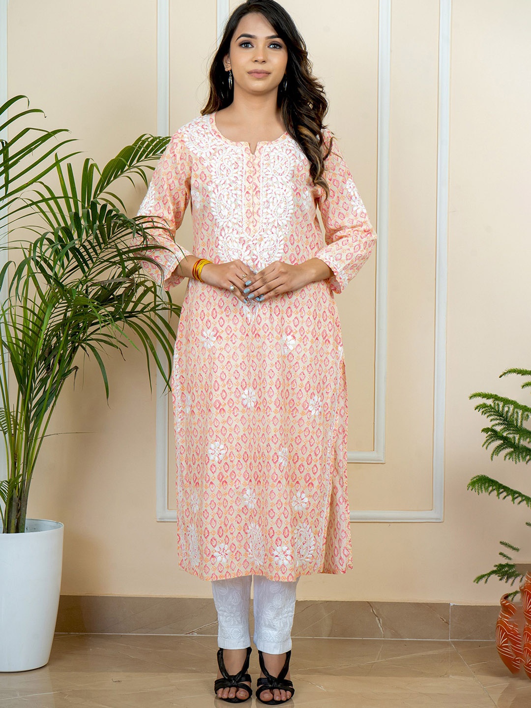 

ADR CHIKAN Paisley Embroidered Notch Neck Mulmul Cotton Straight Kurta, Orange