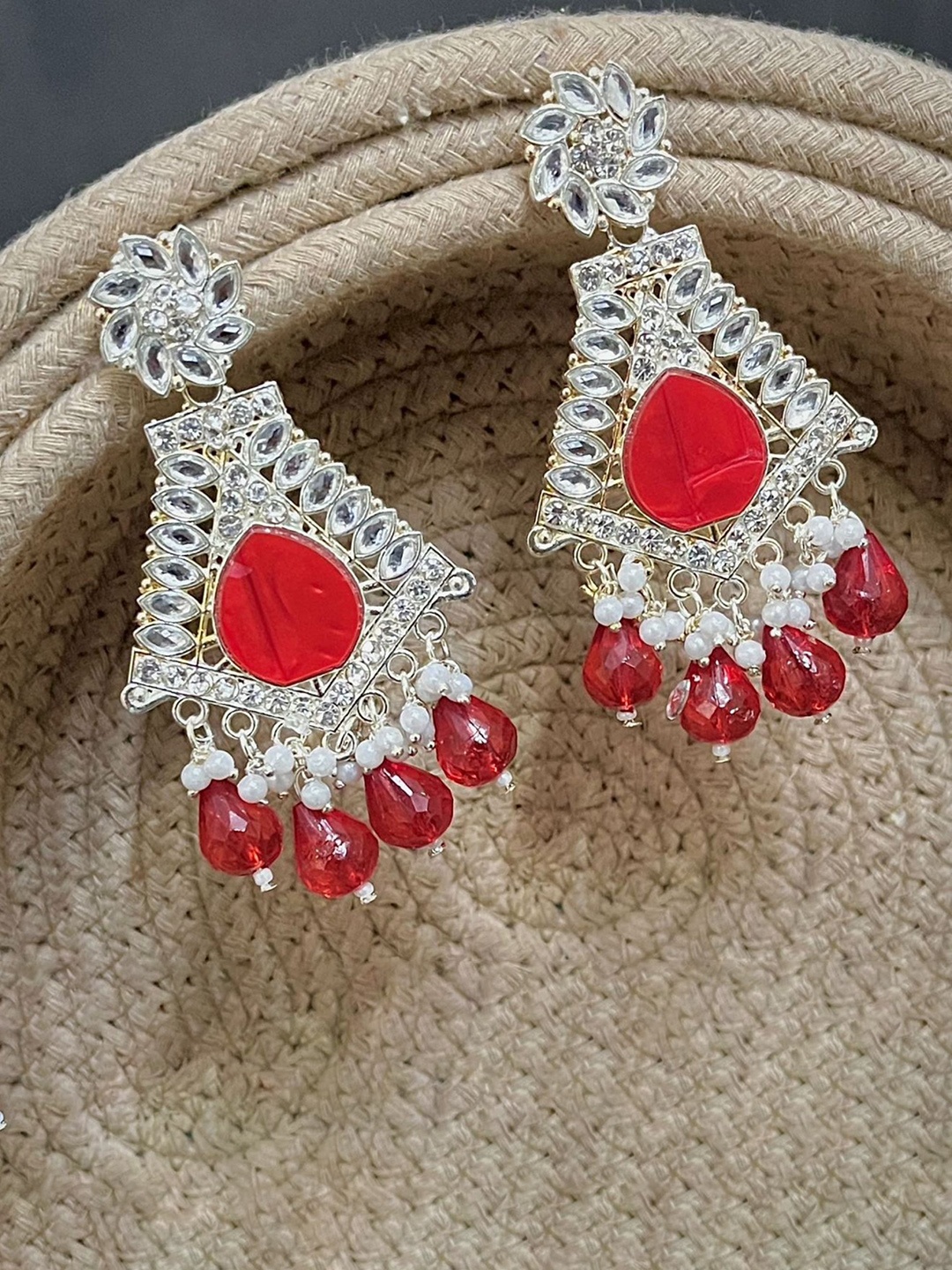 

TANLOOMS Triangular Drop Earrings, Red