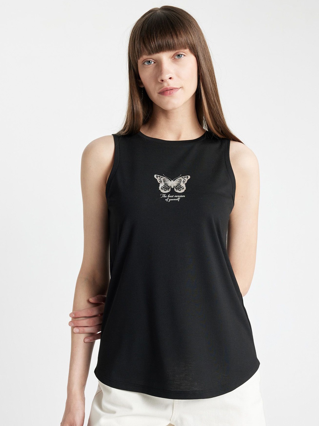 

DeFacto Women Graphic Printed Cotton Tshirts, Black