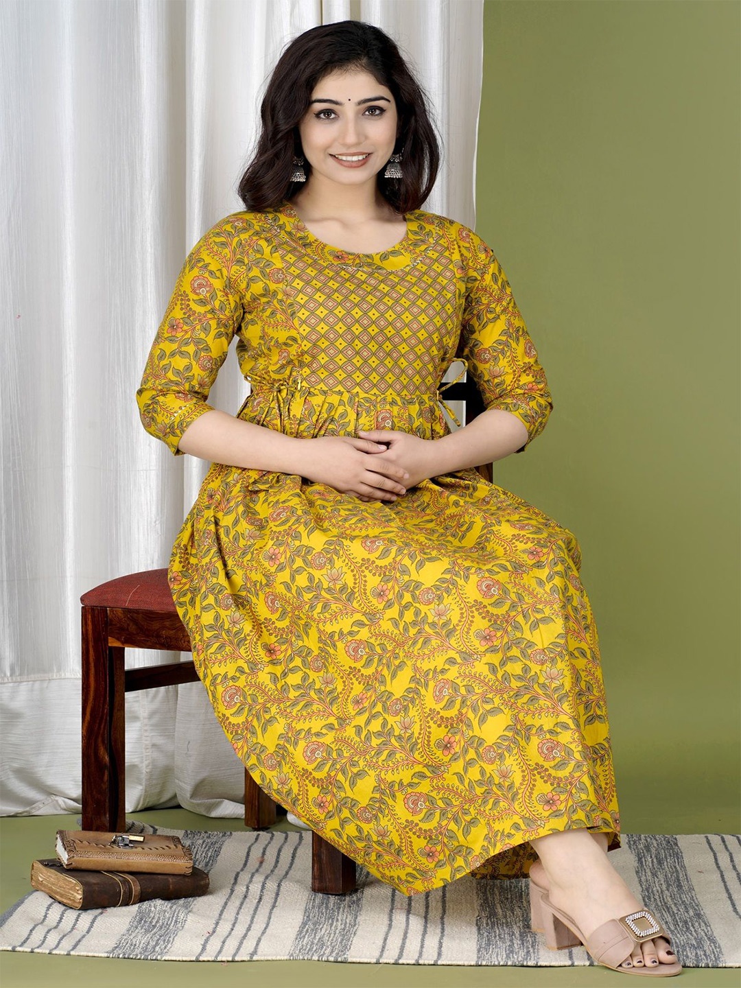 

Tulsiram Floral Printed Pure Cotton A-Line Midi Dress, Yellow