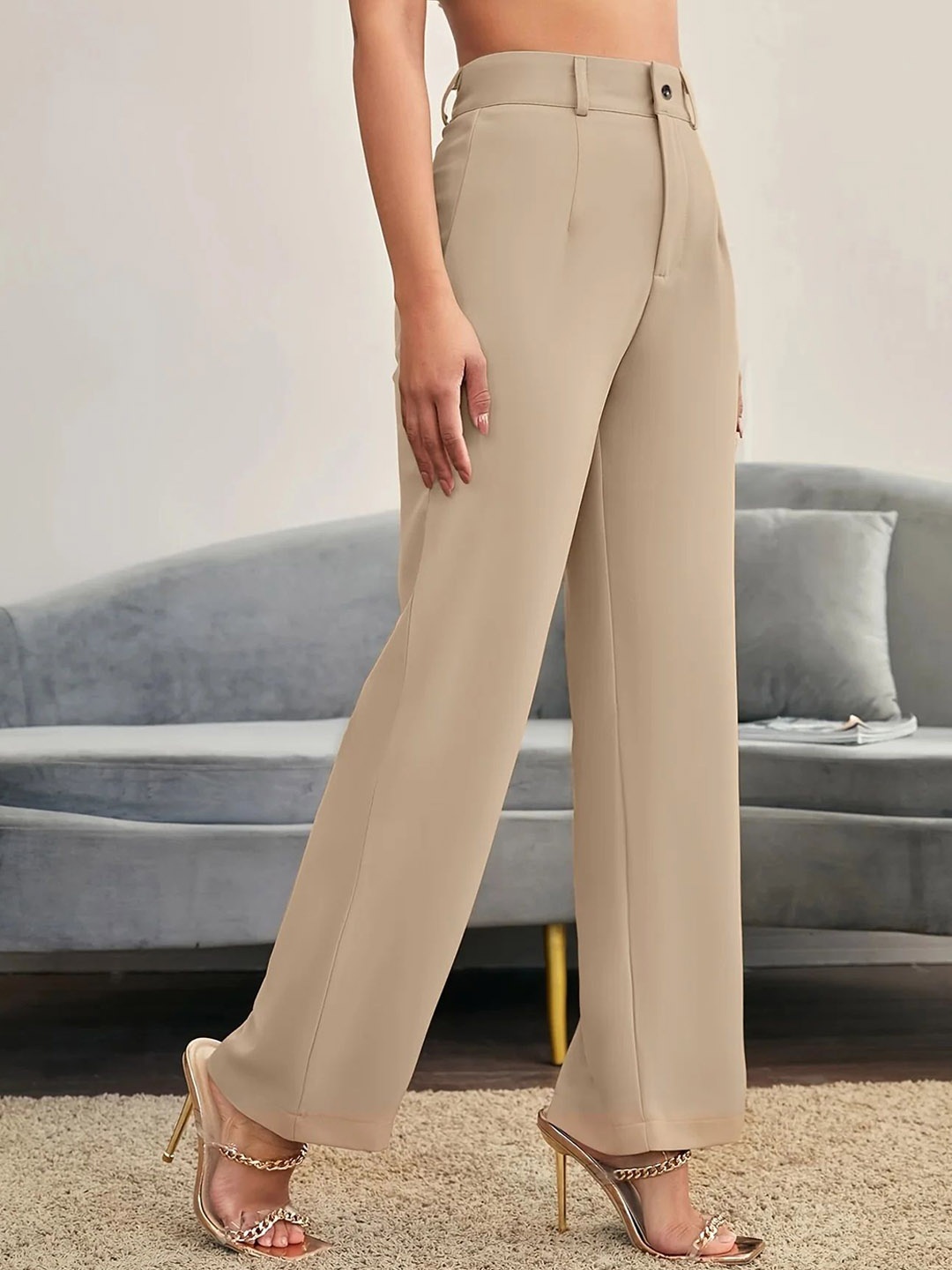 

FNOCKS Women Relaxed Loose Fit High-Rise Wide Leg Trousers, Beige