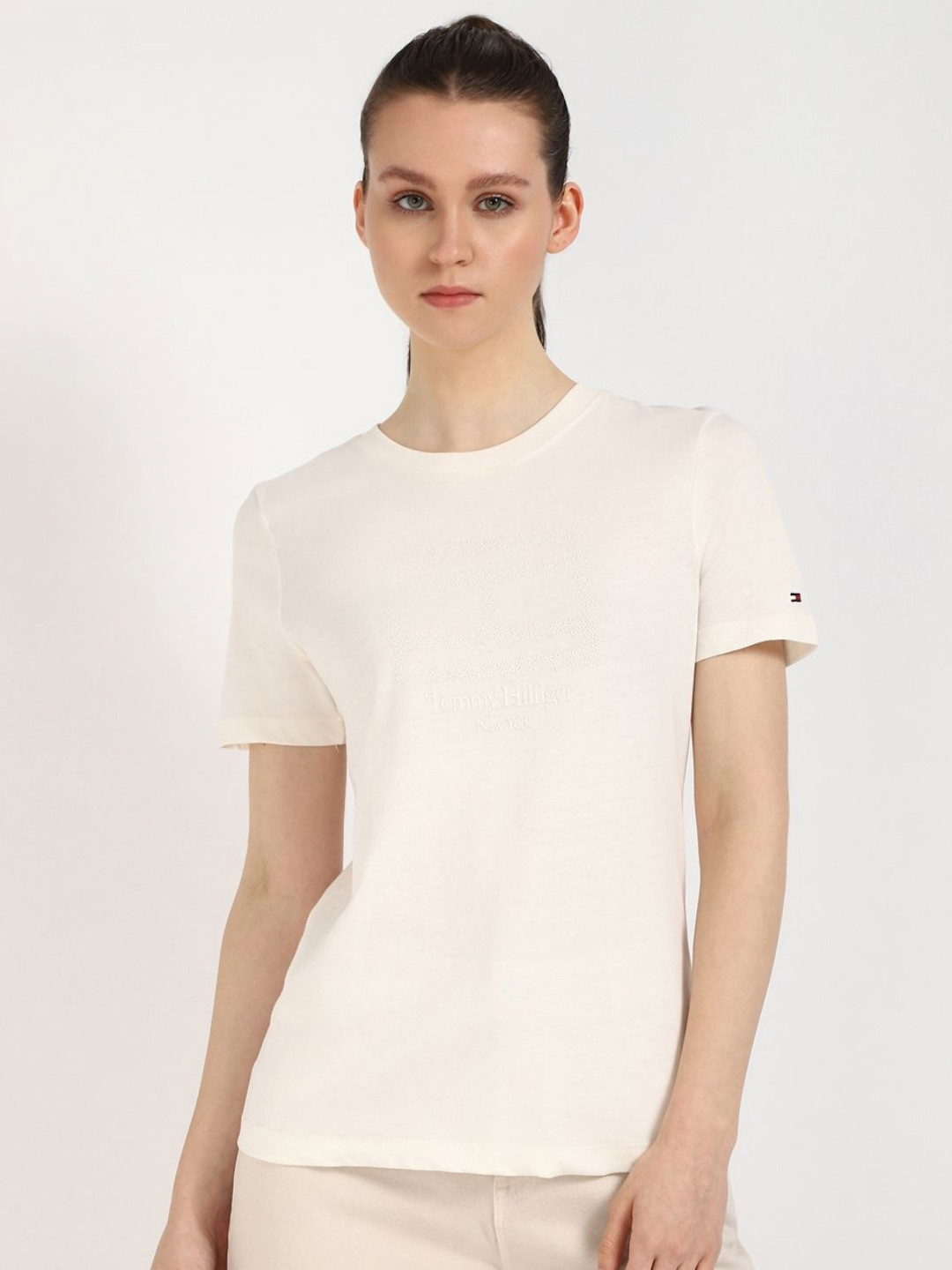 

Tommy Hilfiger Women Graphic Printed Round Neck Cotton T-shirt, Beige
