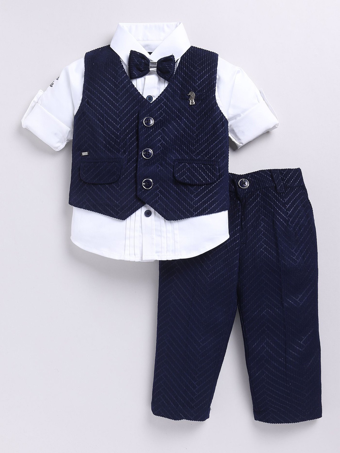 

LITTLE COLLARS Boys Self Design Velvet Suede Single-Breasted 4-Piece Suits, Navy blue