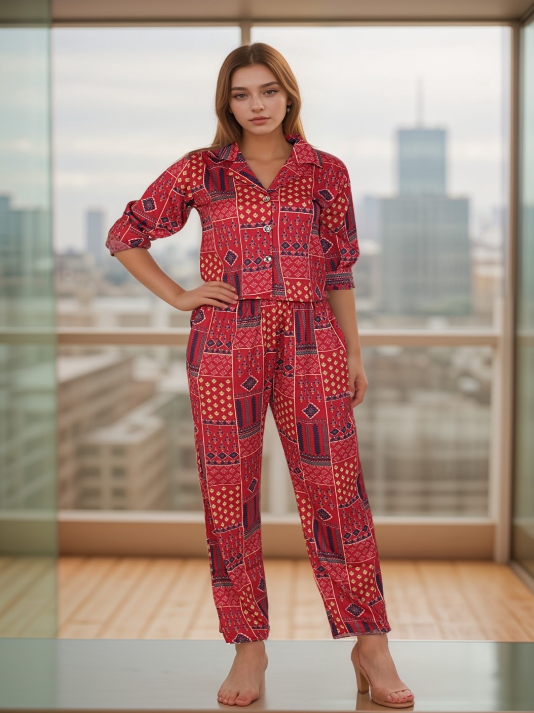 

BAESD Ethnic Motifs Printed Notched Lapel Collar Shirt & Trousers, Red