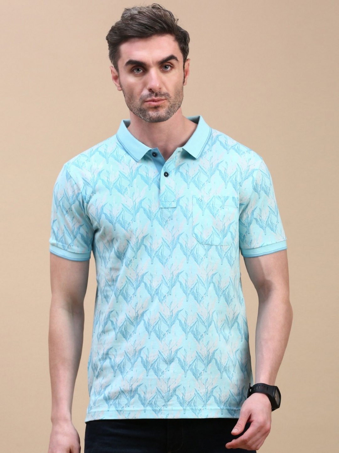 

Classic Polo Men Conversational Printed Polo Collar Cotton Slim Fit T-shirt, Turquoise blue