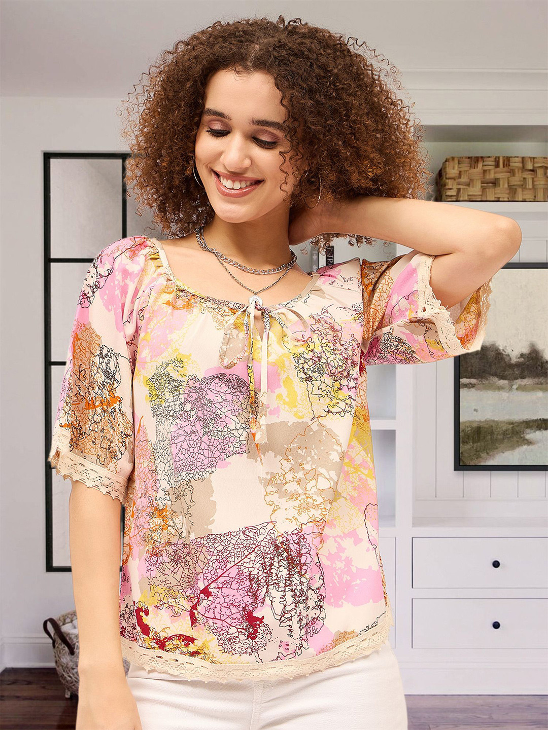 

DressBerry Women Printed Tie-Up Neck Top, Pink