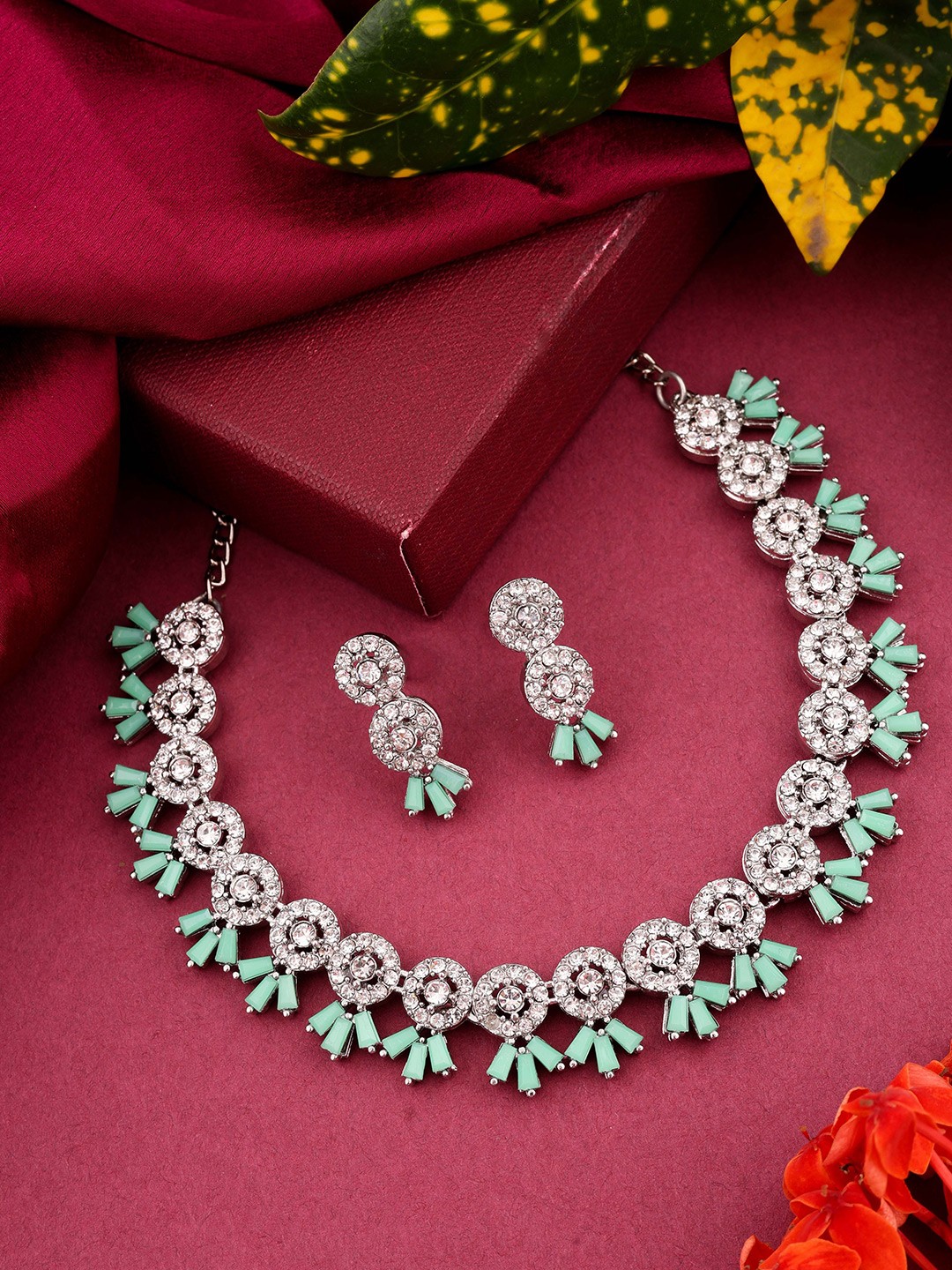 

DIVASTRI Set Of 2 Gold Plated & Silver Plated American Diamond Studded Jewellery Set