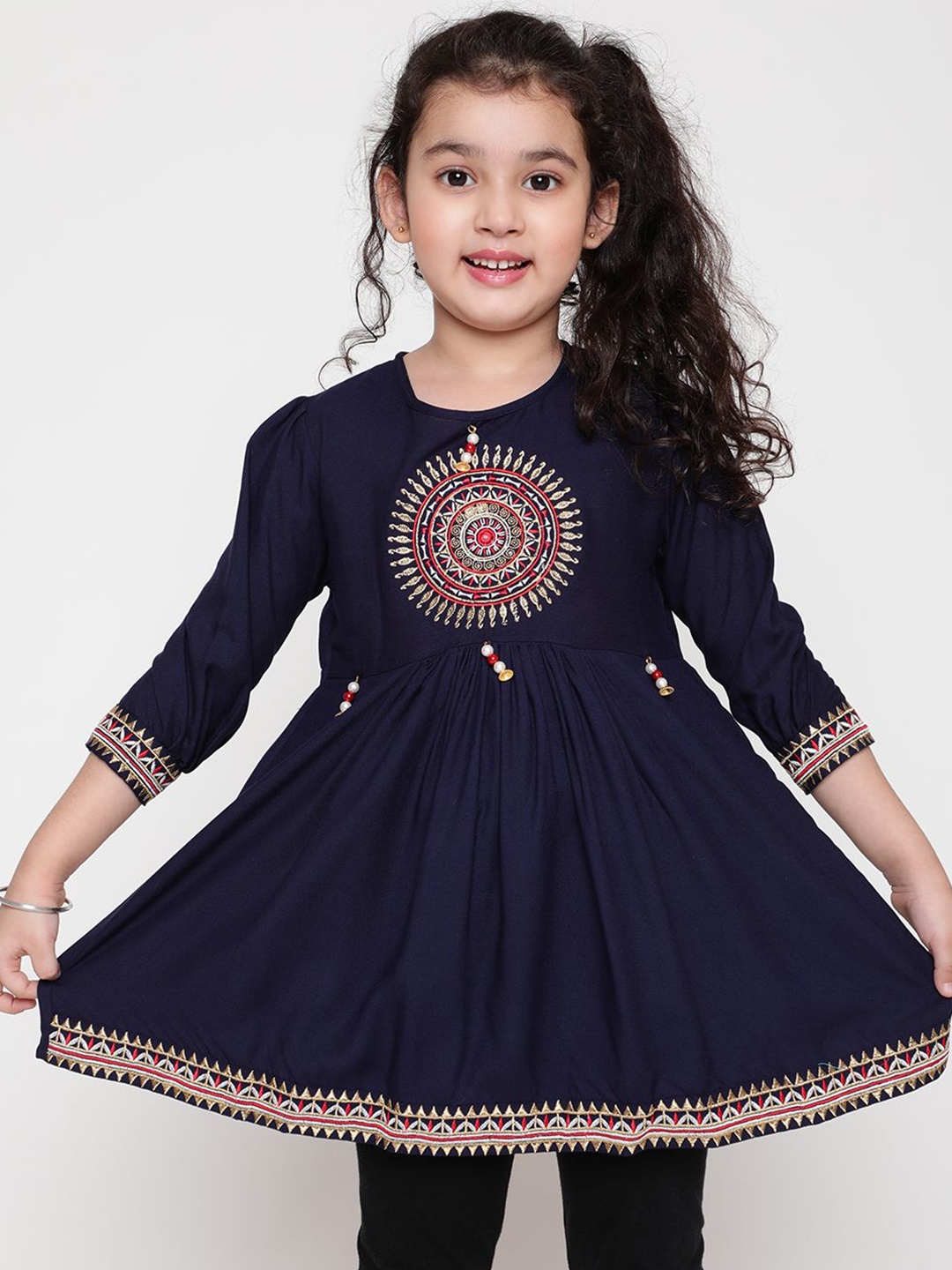 

Ishti Girls Round Neck Embroidered Longline A-Line Top, Navy blue