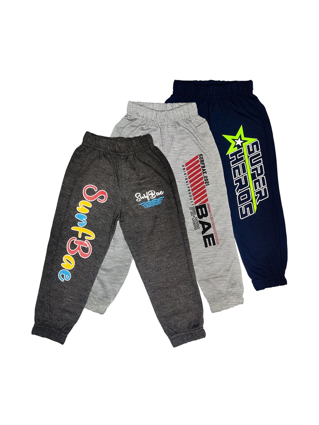 

Surfbae Kids Pack Of 3 Printed Cotton Dri-FIT Mid-Rise Joggers, Grey