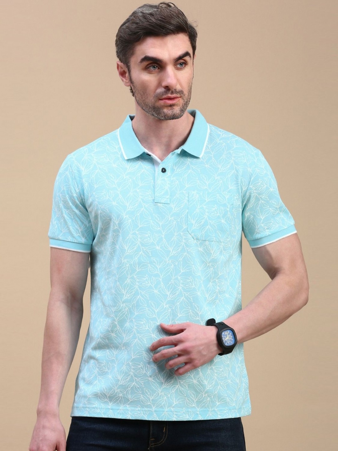 

Classic Polo Men Floral Printed Polo Collar Cotton Slim Fit T-shirt, Turquoise blue