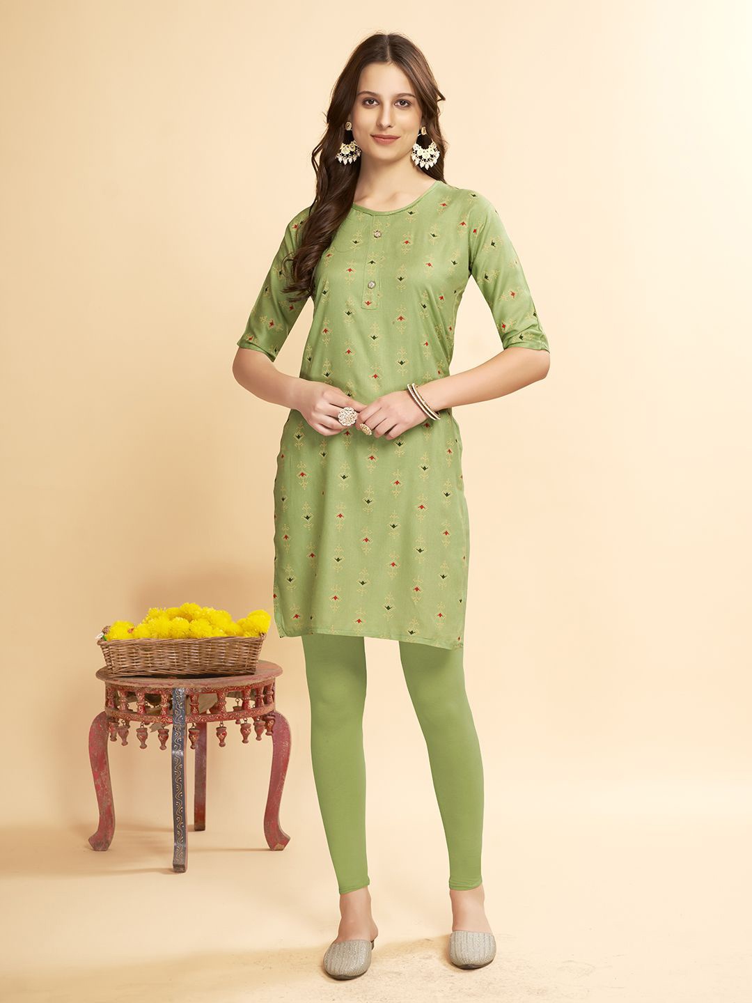 

Anouk Rustic Ethnic Motifs Printed Round Neck Straight Kurta, Green