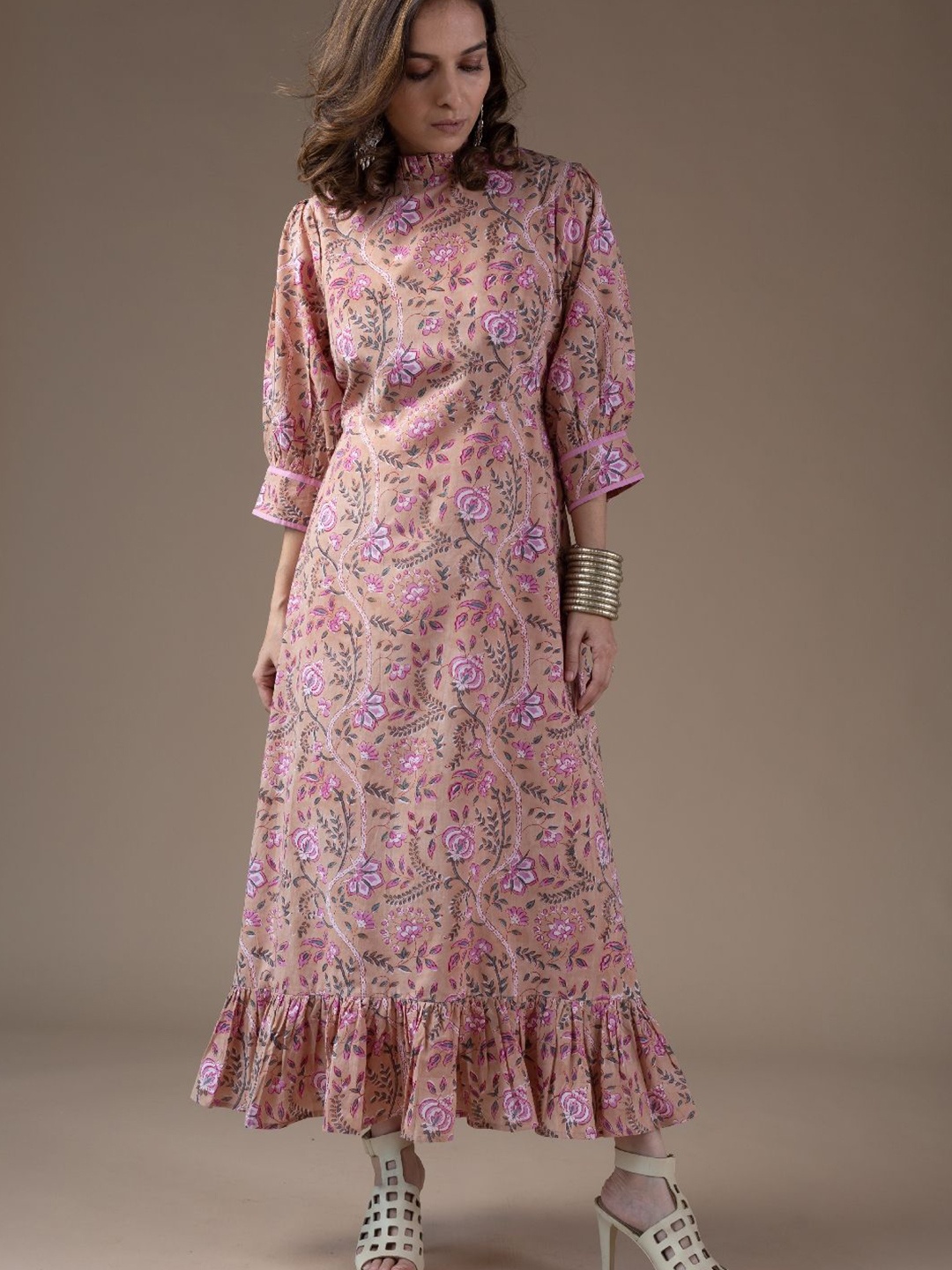 

KUSVAA Floral Print A-Line Maxi Dress, Tan