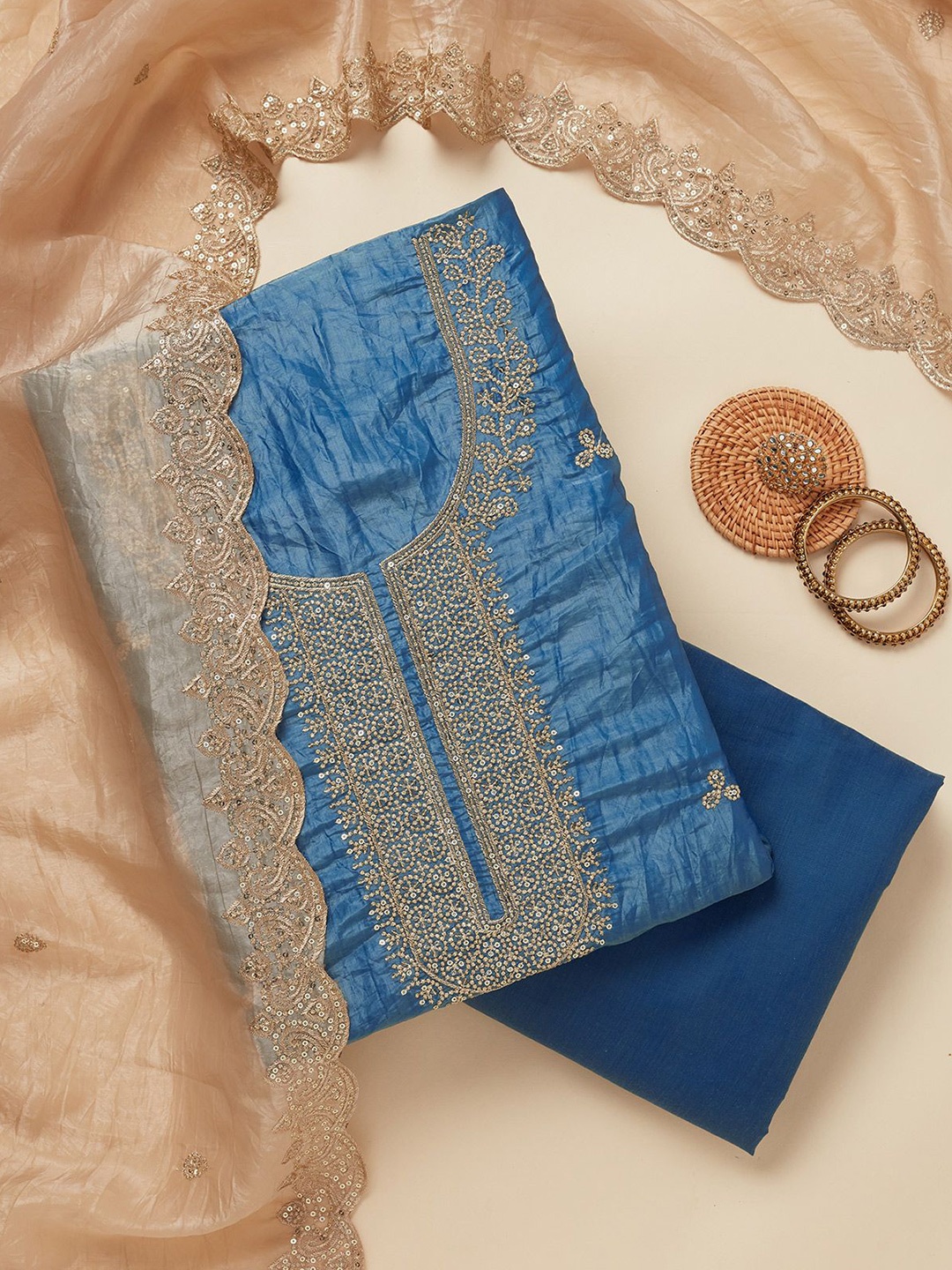 

Koskii Floral Embroidered Beads and Stones Unstitched Dress Material, Blue