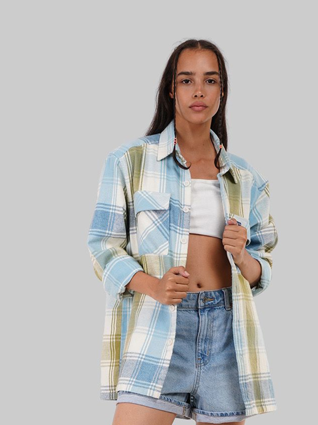 

Underrated Club Women Oversized Fit Spread Collar Tartan Checked Cotton Casual Shirt, Blue